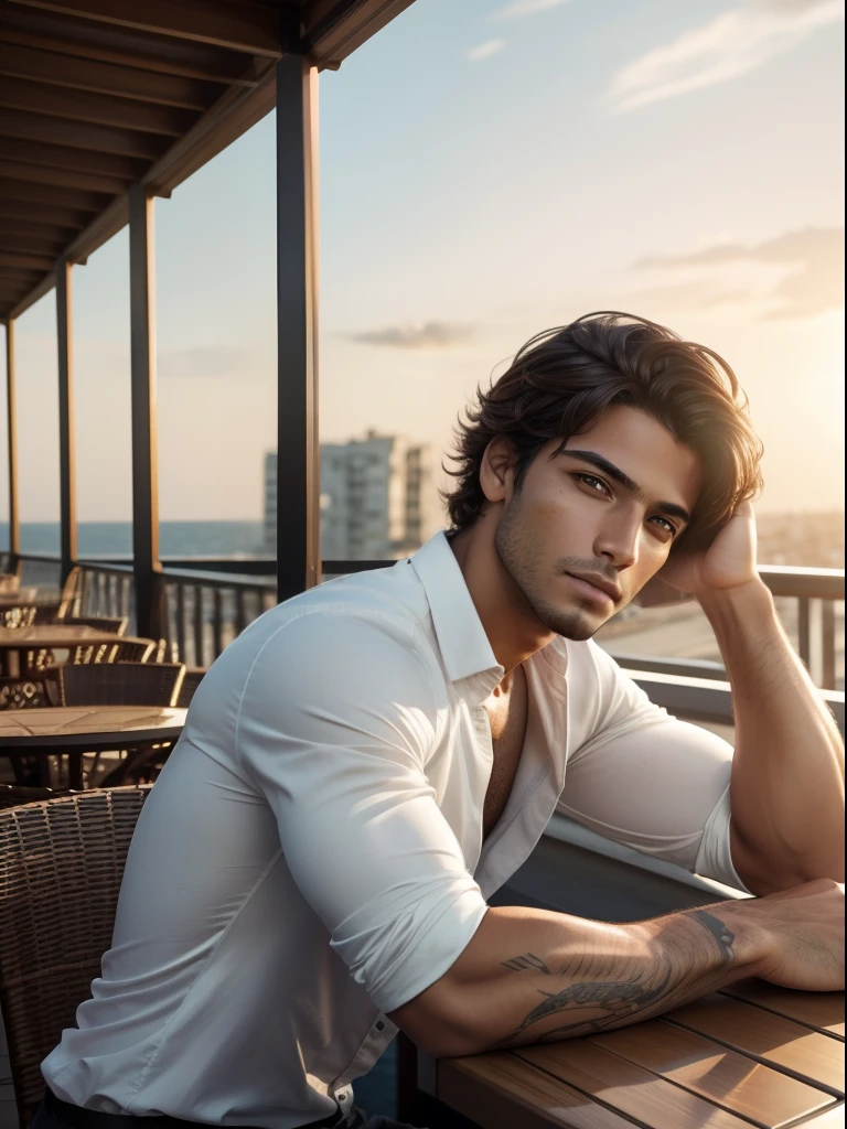 ( masterpiece) , realistic, portrait of a young Brazilian man, insanely handsome face, sunlight, cinematic light, messy windy hair, stunningly handsome man, beautiful eyes, perfect anatomy, very masculine , tanned golden skin, prince hazel eyes, ( enclosing the head in a frame) , stylized, 8 life - size, 8 K resolution, resting on the terrace of a cafe in trendy clothes, looking far away, human hands, strangely rich and masculine, full - body view, dynamic, very masculine, character sheets, concept art, smooth and distant view