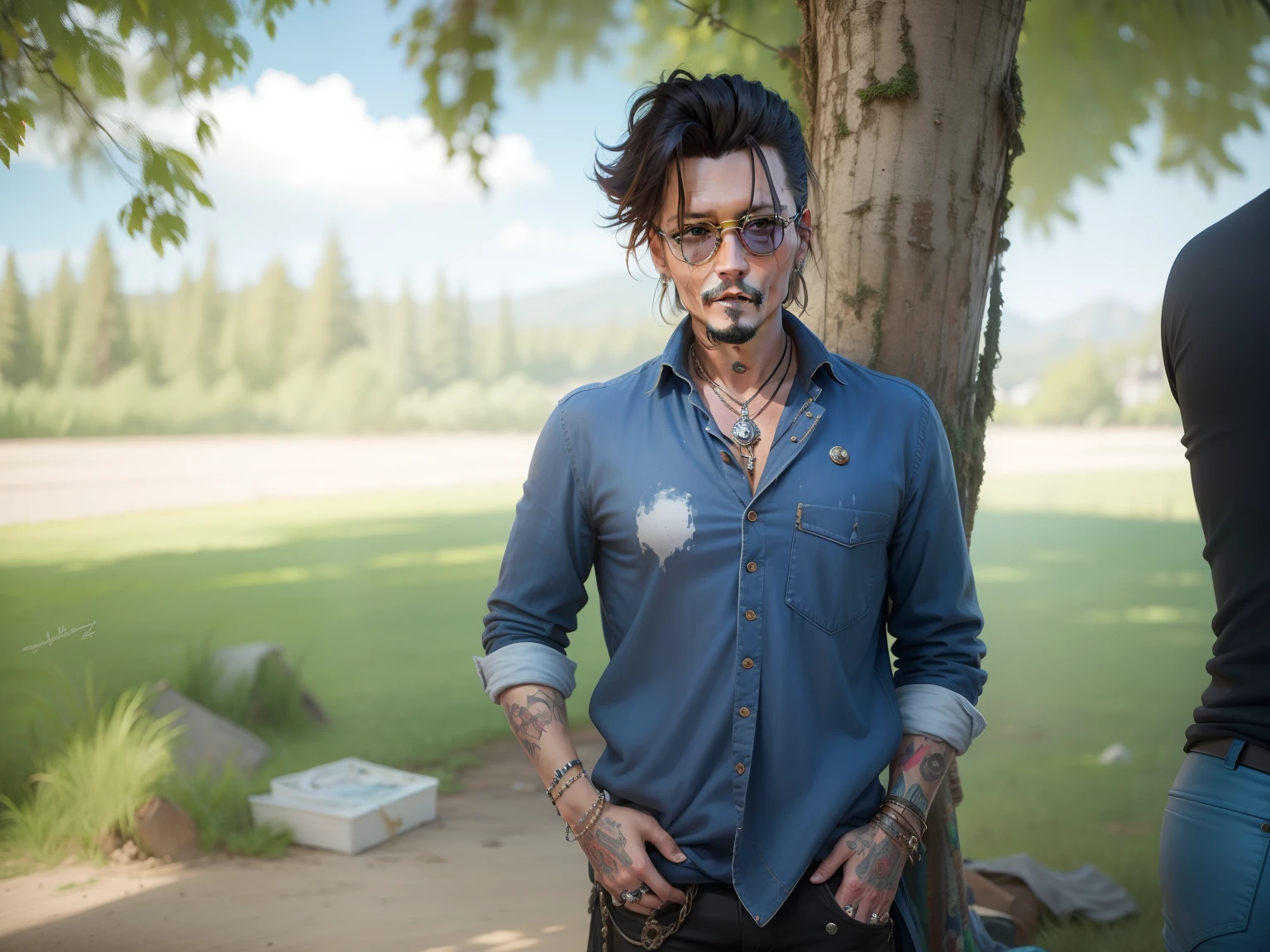 a painting of a johnny depp , background , bystyle syberpunk 2077,bend of good round his breasts