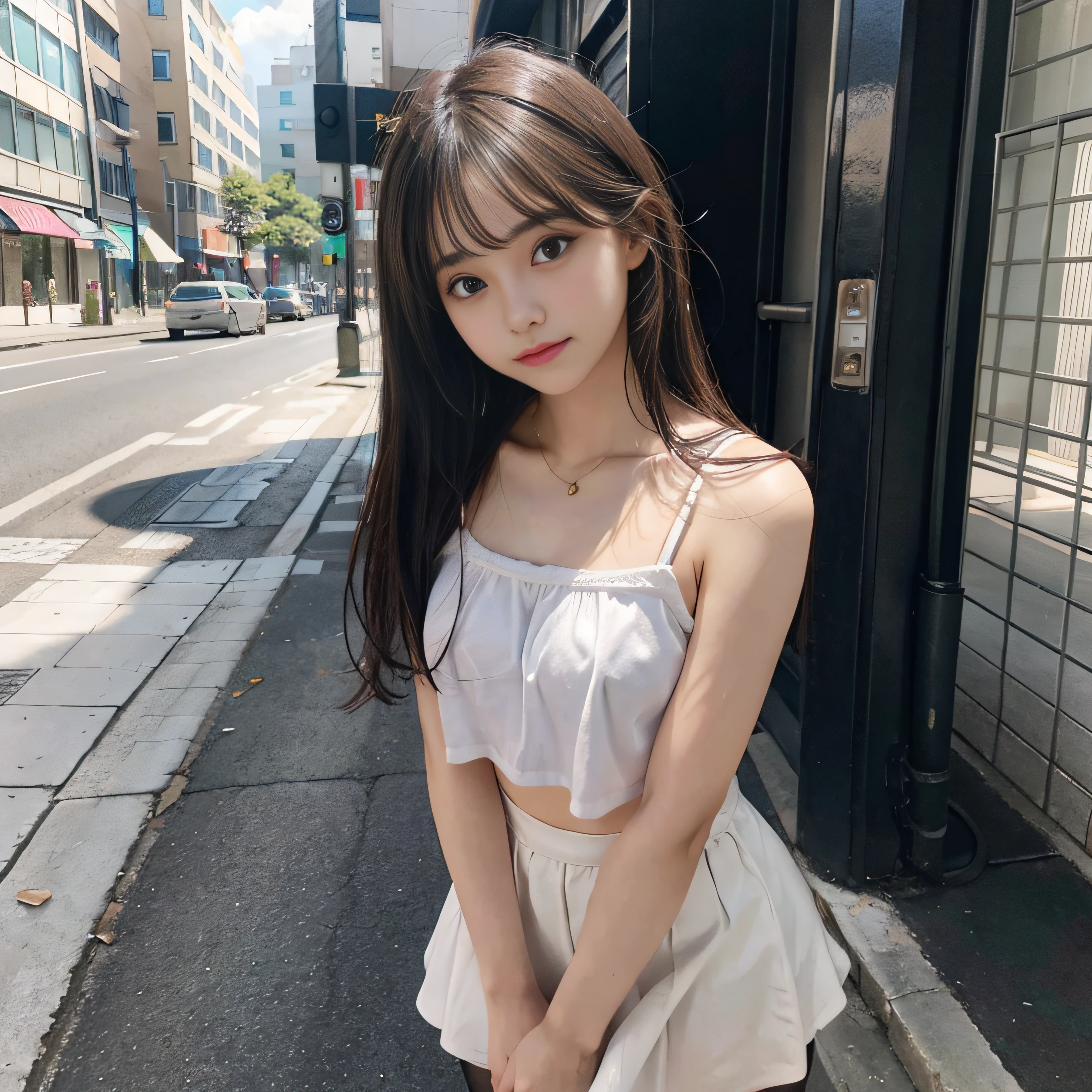 teens girl、Camisole 1、a miniskirt、street corner、Sheer sunlight、