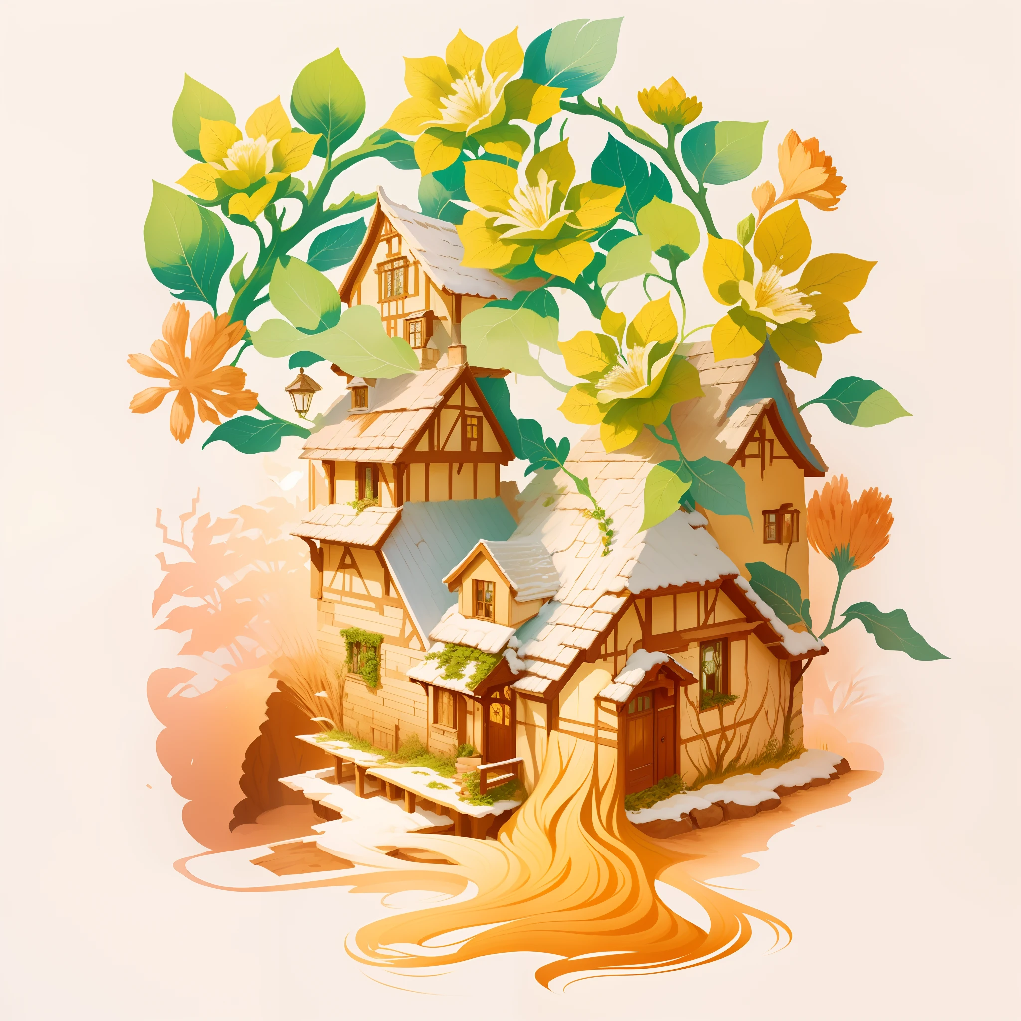 There is a house, There is a date tree above the house,The trees are covered with red dates,There is a wheat field next to the house,A beautiful artwork illustration, full-colour illustration, Stylized digital illustration, fairy-tale illustration style, Color illustration, in style of digital illustration, vignette illustration, full color digital illustration, Fairy tale illustration, fairytale illustration, a fairy tale illustration, Storybook illustration, Highly detailed illustration, fairy tale style background