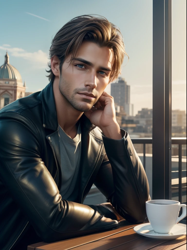 ( masterpiece) , realistic, portrait of a young Australian man, insanely handsome face, sunlight, cinematic light, messy windy hair, stunningly handsome man, beautiful eyes, perfect anatomy, very masculine , tanned golden skin, prince hazel eyes, ( enclosing the head in a frame) , stylized, 8 life - size, 8 K resolution, resting on the terrace of a cafe in trendy clothes, looking far away, human hands, strangely rich and masculine, full - body view, dynamic, very masculine, character sheets, concept art, smooth and distant view