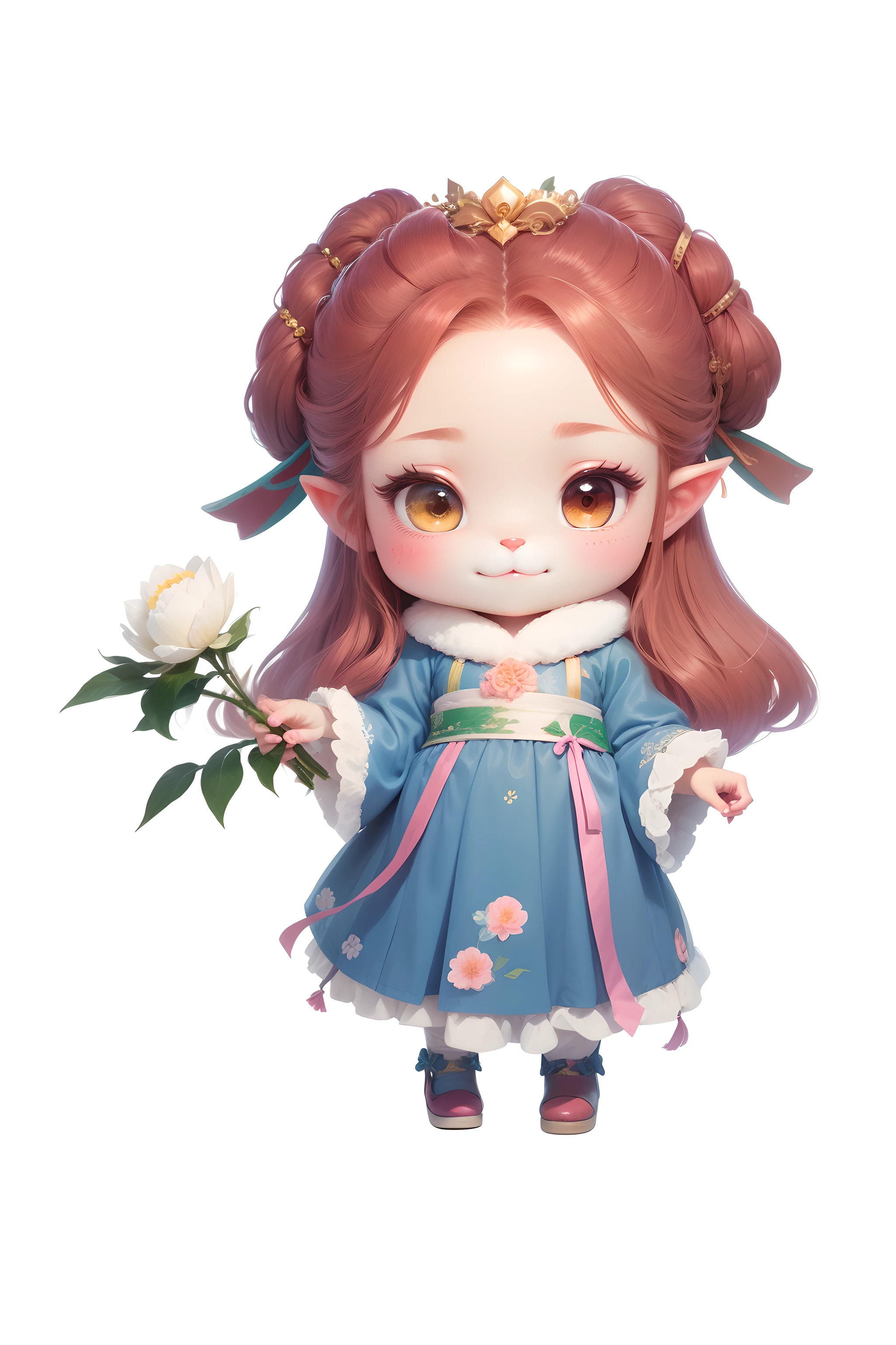 She smiled heartily,Exquisite illustrations,Detail portrayal,Detailed depiction of flowers,Cute two-dimensional,Furry collar,The costumes are exquisite,cute character, elf girl wearing an flower suit,detailed character, palace , A girl in Hanfu,
