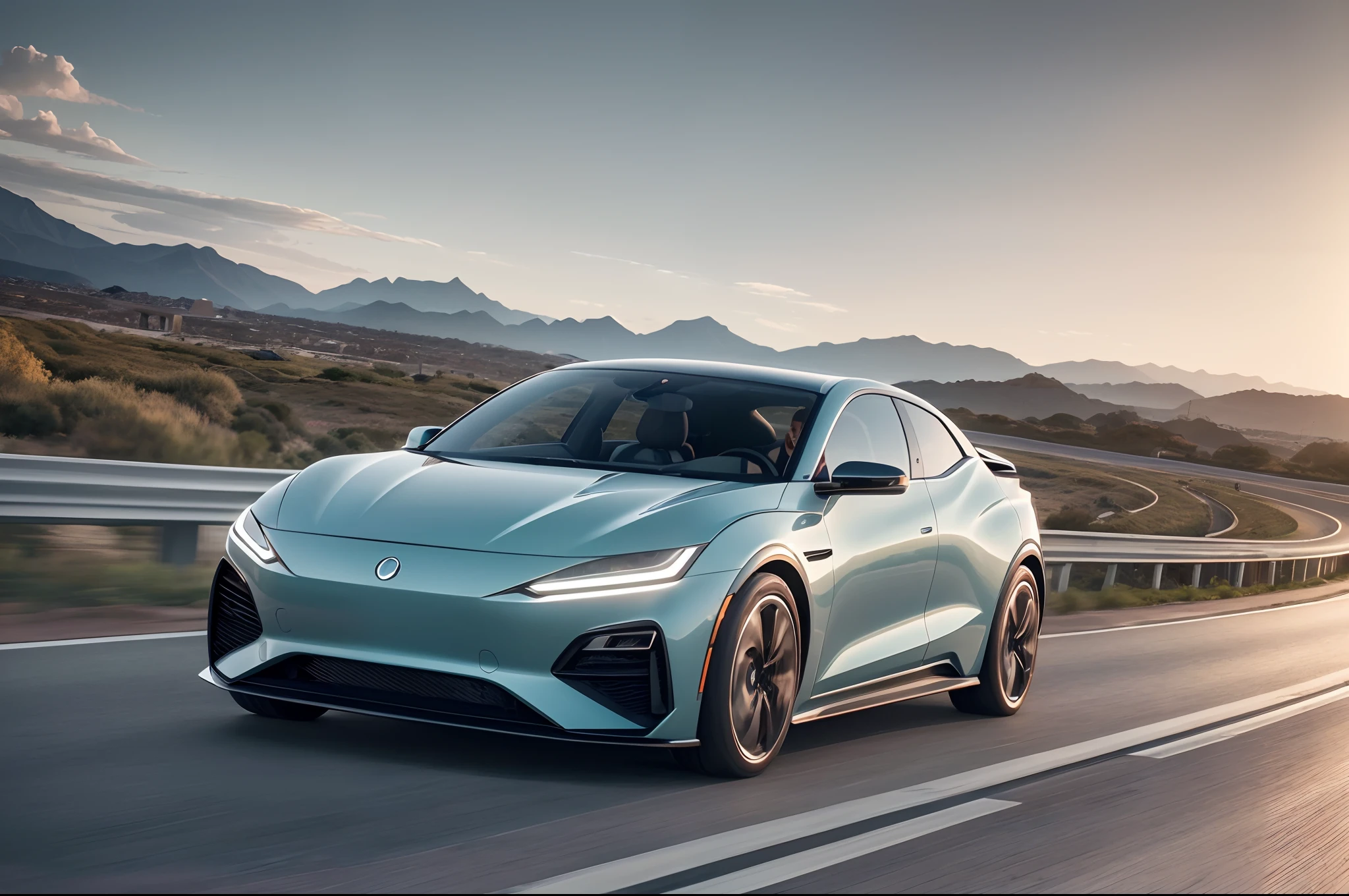 Concept design style,highway vehicle, simple body lines, elements of electric vehicles, sharp surfaces, UHD, high quality, (clear focus) 4K Unity wallpaper, movie lighting, depth of field, defocus, daytime, highway, truck design elements, 2023 automotive design trends.