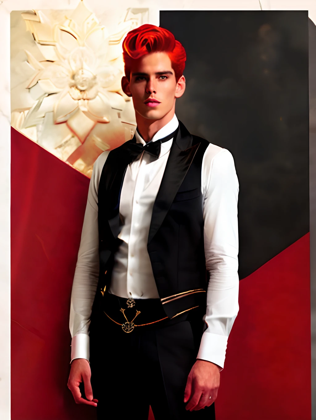 Lucifer is a man of impressive and magnetic appearance. Her red hair is intense and lush, caindo em ondas ao redor de seu rosto com um brilho quase sobrenatural. Her skin is pale and contrasts dramatically with her vibrant hair. Your eyes are the real highlight, with a deep wine tone that seems to contain centuries of wisdom and mystery.

He wears clothes that combine elegance and rebelliousness., choosing pieces that reflect your unique nature. His style is marked by dark tones and intricate details, creating an image of dark sophistication. His presence is imposing and carries a sense of power and authority that is hard to ignore.

His expression is often serene, mas seus olhos refletem um conhecimento profundo do mundo e de si mesmo. His posture is upright and confident, demonstrating your self-confidence and determination to go your own way. Lucifer emanates a magnetism that attracts both the curiosity and caution of those who encounter him, making his figure memorable and intriguing.
