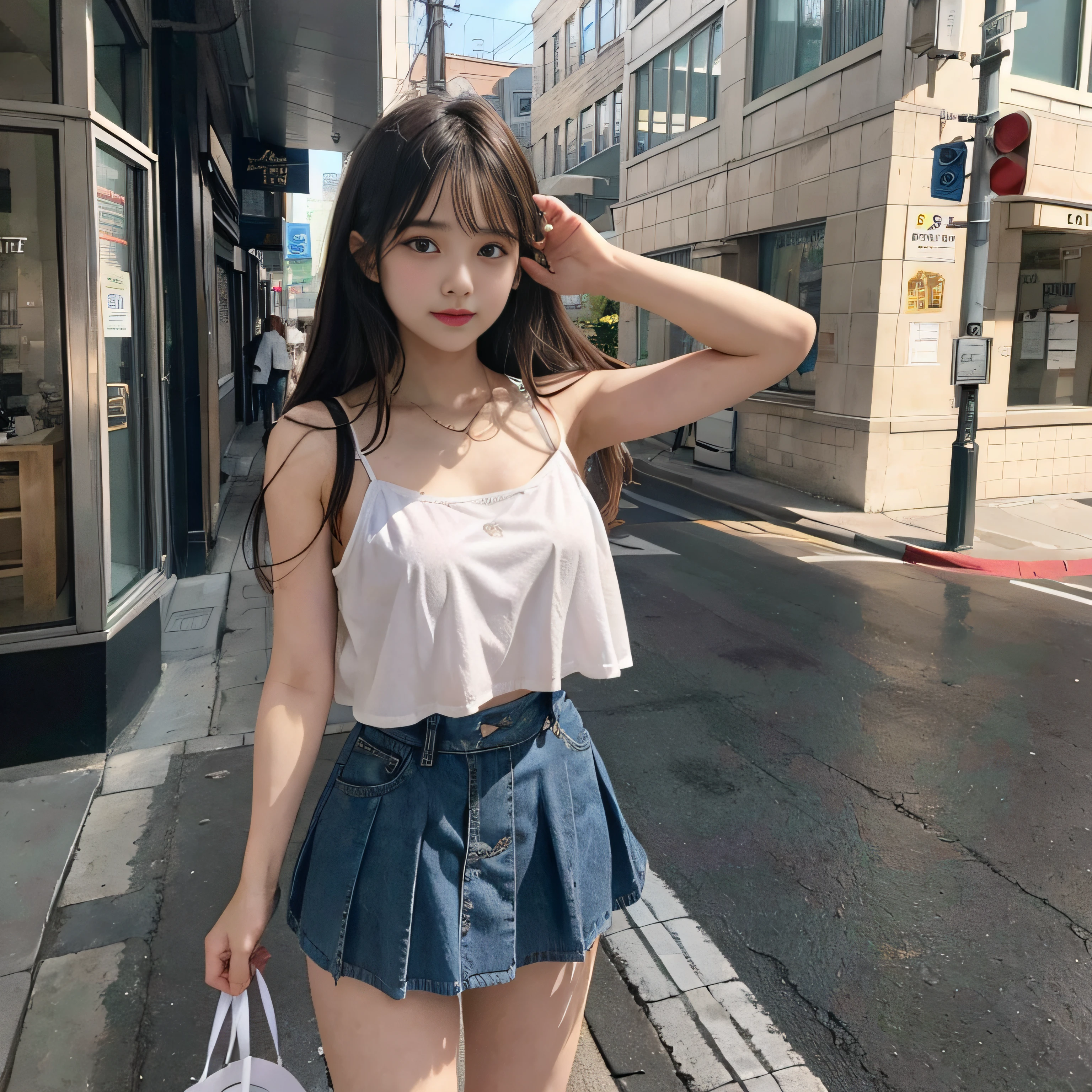 teens girl、Camisole 1、a miniskirt、street corner、Sheer sunlight、