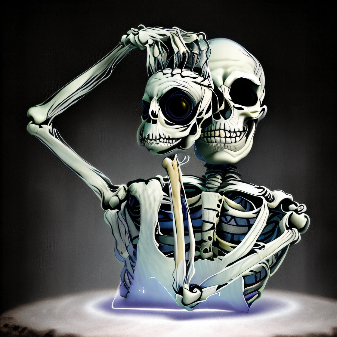 Skeleton with camera in hand, skeleton with eyes, skelleton, Fleshy skeleton, Cute skeleton, ( ( ( Skeleton ) ) ), Skeleton, funny weird illustration, creepy pose, Portrait of a funky skeleton, scary pose, portrait of a cyber skeleton, author:Muirhead Born, skeletal with extra fleshy bits, author:Andrei Kolkoutine