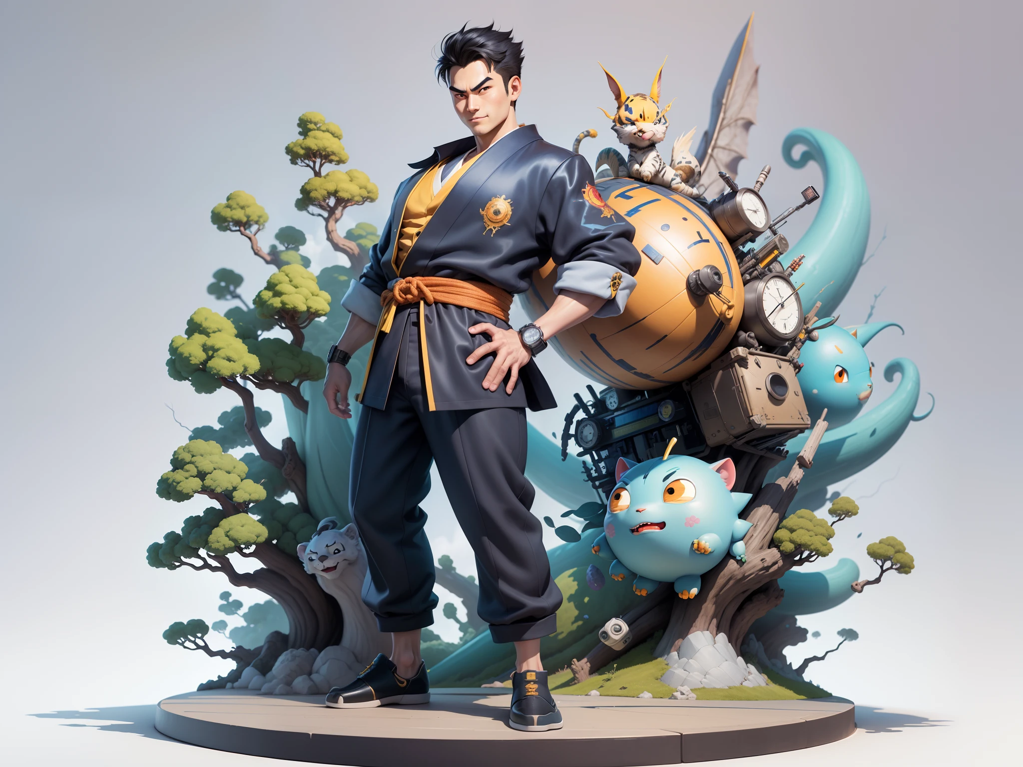 (Masterpiece), (Excellent), (Super Meticulous), (Full Body: 1.2), Super Young Man, Oriental Face, Japanese Kimono, Japanese Wind Thunder God, Dragon, Tiger, TV Anchor, Bust Portrait Illustration, Alone, Black Suit, Blue Tie, Slightly Chubby Face, Very Clean Face, No Beard, Black Super Short Hair, Black Eyes, Confident Smile, 3c Computer Sub-Products, iPad, iPhone, Digital Painting, 3D Character Design by Akira Toriyama and Mark Claireden and Pixar and Hayao Miyazaki, The illustration is a high-definition illustration in 4K resolution with very detailed facial features and cartoon-style visuals.