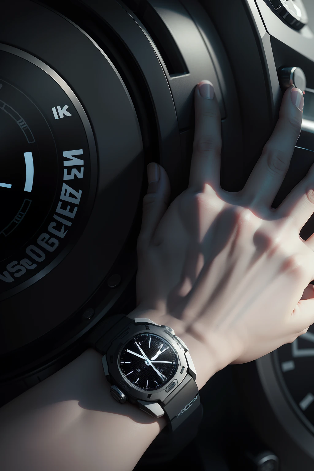 8K,Cool smartwatch，Close-up，Black and white，mechanical sense