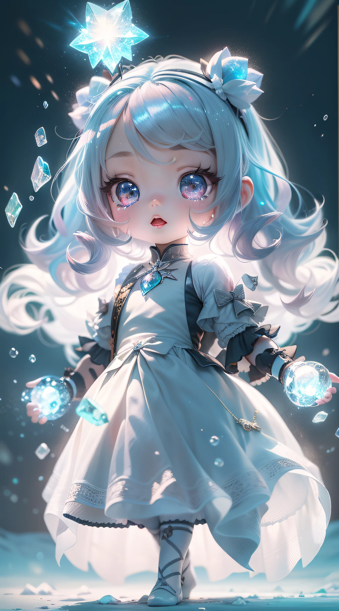 （Cute magical girl）,（Release crystal clear ice crystals）,（Aurora effect：1.5），（rendering by octane：1.2），（Black meteorite wraps the base），Extremely realistic，background inside dark，shine，Natural fill light，Radiation effect：1.5,（particle effect：1.5),Cute detailed digital art