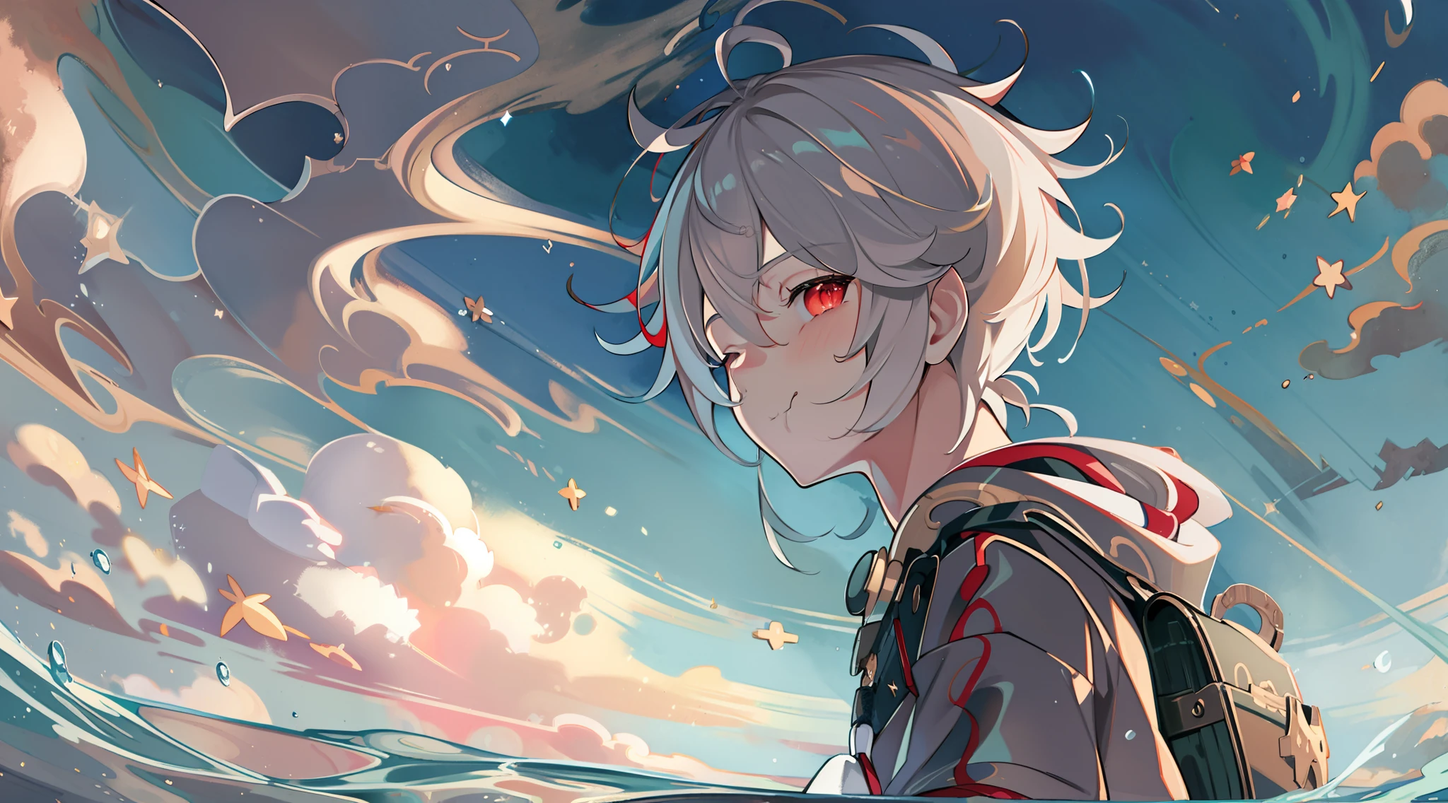 Light_spill,sky,shoun，((Seventeen or eighteen-year-old boy)),lens_flare,Detailed light,over the sea,Depth of field,Best shadow,Beautiful detailed sky,beautiful detailed  water,intense shading,Head tilt,Looking_at_Viewers,yaoi,((Student)),cavalier,ahoge,Striped hair,belt,(school uniform),bike_Shorts,(((Hoodie))),((Ultra detailed)),((finedetail)),(Best quality),((incredibly_absurderes)),((Best Illustration)),((Extremely detailed CG unified 8K wallpapers)),(Beautiful detailed eyes),(An extremely delicate and beautiful),(A high resolution),(Amazing),((8K_the wallpaper)),Extremely detailed CG,Huge_filesize,Extremely detailed,Masterpiece,The Arm_arms  cuffs,Little boy,Sun,Pout,Seductive smile,Semi-closed Eyes,Light,bookbag,Backpack,A symbol of peace,hand_To_Mouth,hand_On_glute,Heart-shaped pupils,Red eyes,White hair,Beautiful detailed starry sky,Bright stars,Beautiful and delicate water,sandbeach,Dramatic_Angle,(Dynamic corner),((full bodyesbian))