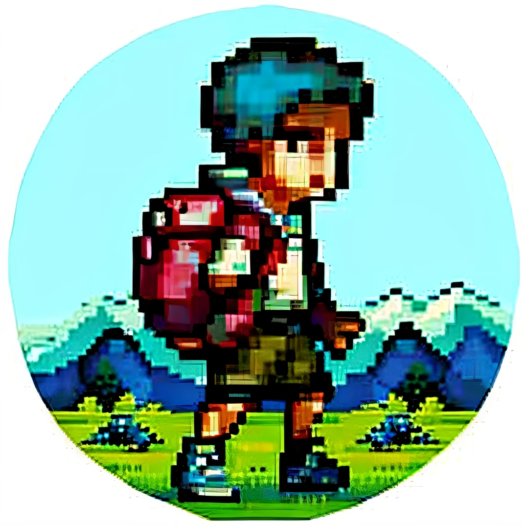 The Vast Sky, Large grasslands, Pixel art showing young man in long-sleeved top and shorts and black backpack climbing a mountain