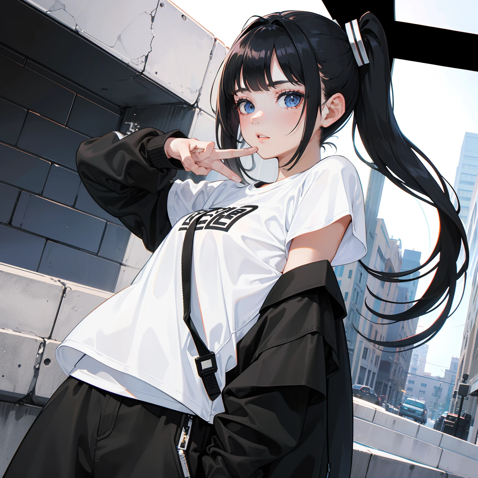 girl, side portrait, black and white,edgy accessories,sporty style, casual t-shirt, confident gaze, monochrome color scheme, looking to the side, chic street fashion, casual hands in pockets pose,head,Long Hair