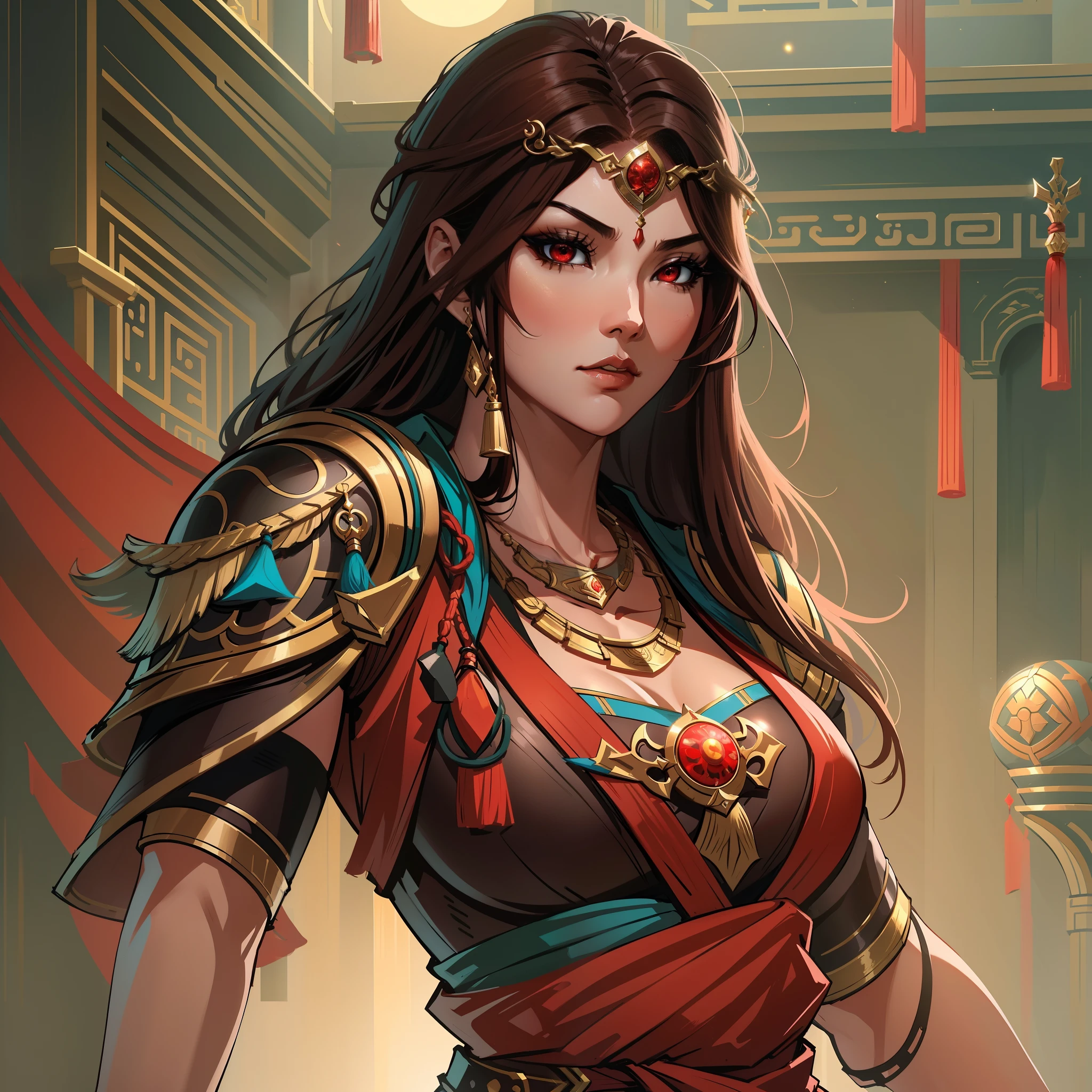 a close up of a strong amazon woman in her 30's, with red eyes and brown hair, wearing a black and red belly dancer attire, a heroine with red eyes, female mage with sun power, standing in a middle-eastern temple, new costume concept design, in the style of blade and soul, full body character concept, detailed character design, inspired by Yang Jin, inspired by Li Mei-Shu, chinese costume, inspired by Lan Ying, inspired by Sim Sa-Jeong, inspired by Li Tang, lunar themed attire, costume with blue accents, inspired by Ju Lian, colored concept art, highly detailed character design, highly detailed face, inspired by Ai Xuan, very highly detailed face, unreal engine render, final fantasy 14 style, inspired by Leng Mei