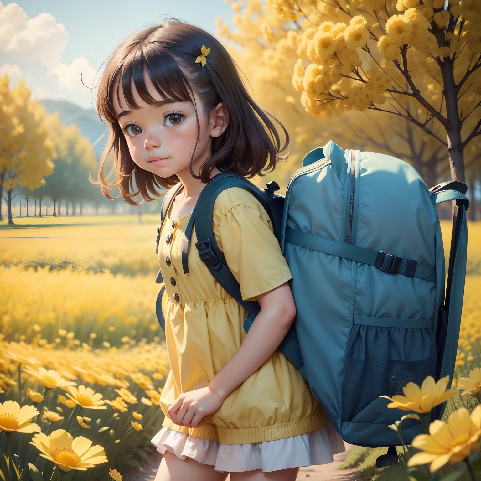 Tip: A very charming little girl with a backpack and her cute puppy enjoying a lovely spring outing surrounded by beautiful yellow flowers and nature. The illustration is a high-definition illustration in 4k resolution, featuring highly detailed facial features and cartoon-style visuals.