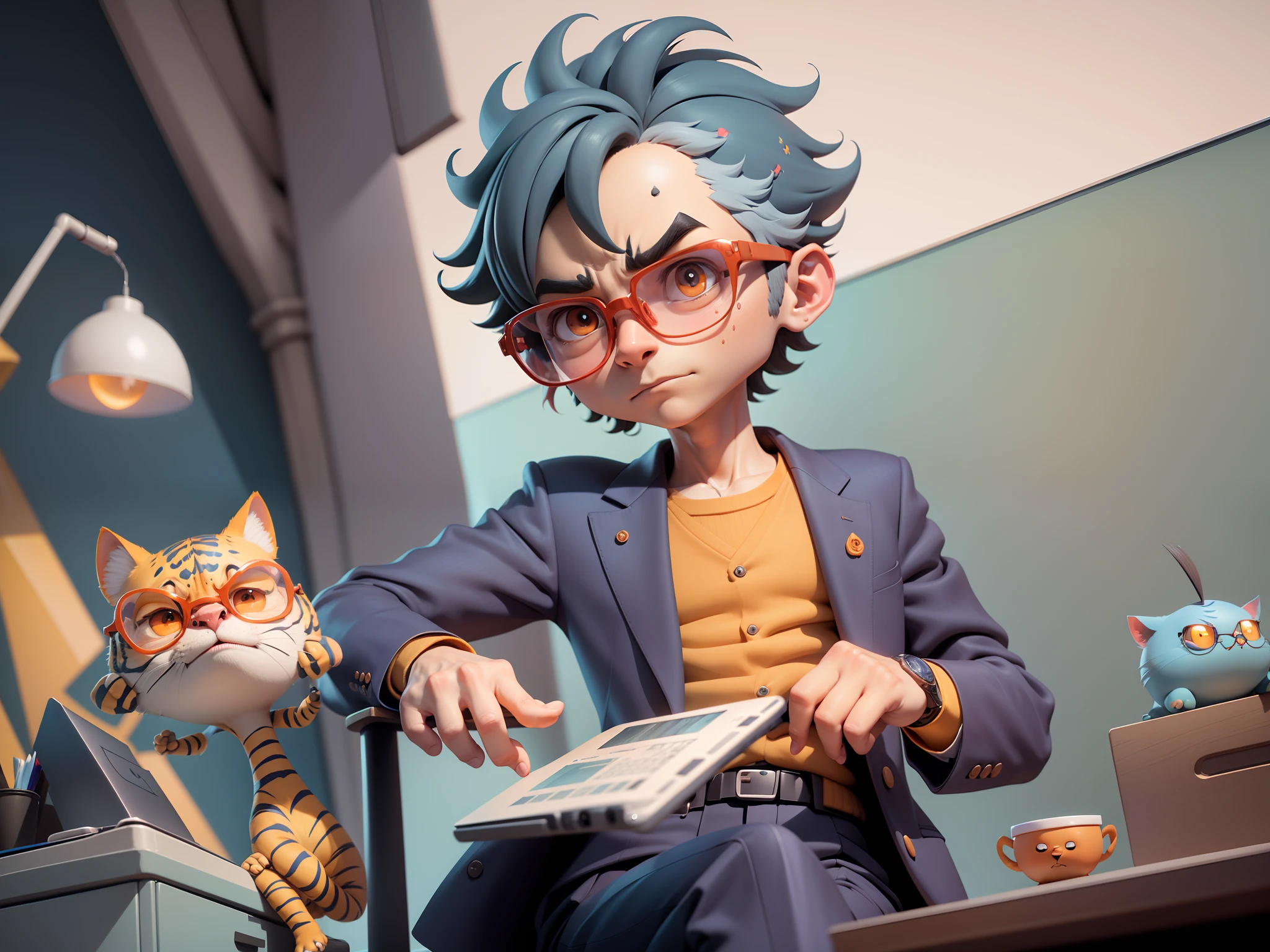 A young man in a suit, Short hair and glasses sat at his desk，holding laptop，digitial painting，tigre，3D character design by Mark Clairen and Pixar and Hayao Miyazaki and Akira Toriyama，4K HD illustration，Very detailed facial features and cartoon-style visuals。