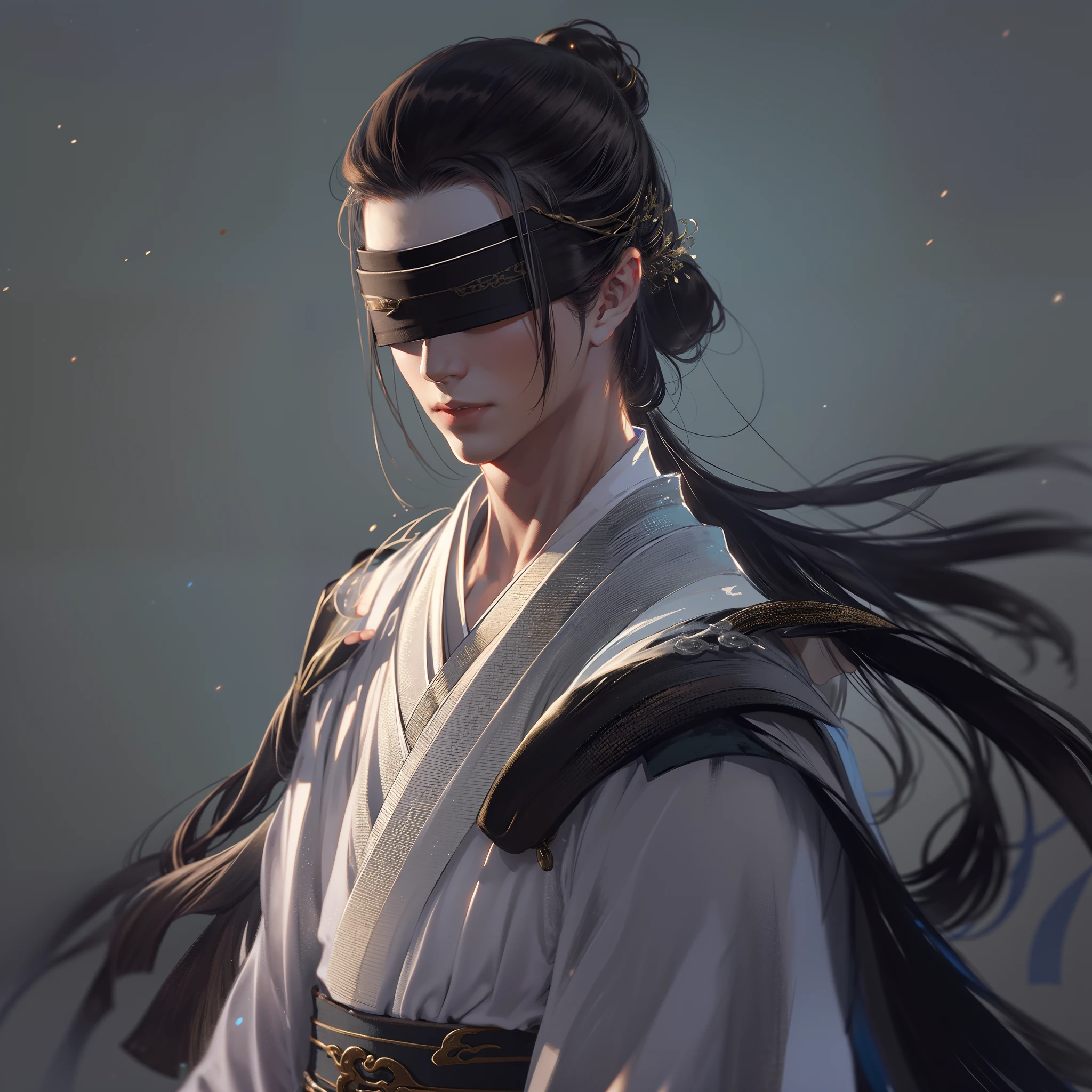 Blindfolded, an ancient Chinese handsome boy, blindfolded, black cloth strips covering his eyes, flowing Hanfu, black, game model, stunning lighting, C4D, OC renderer, pure black background, movie edge light, delicate light, masterpiece, super detailed, epic composition, super HD, high quality, highest quality, 8k