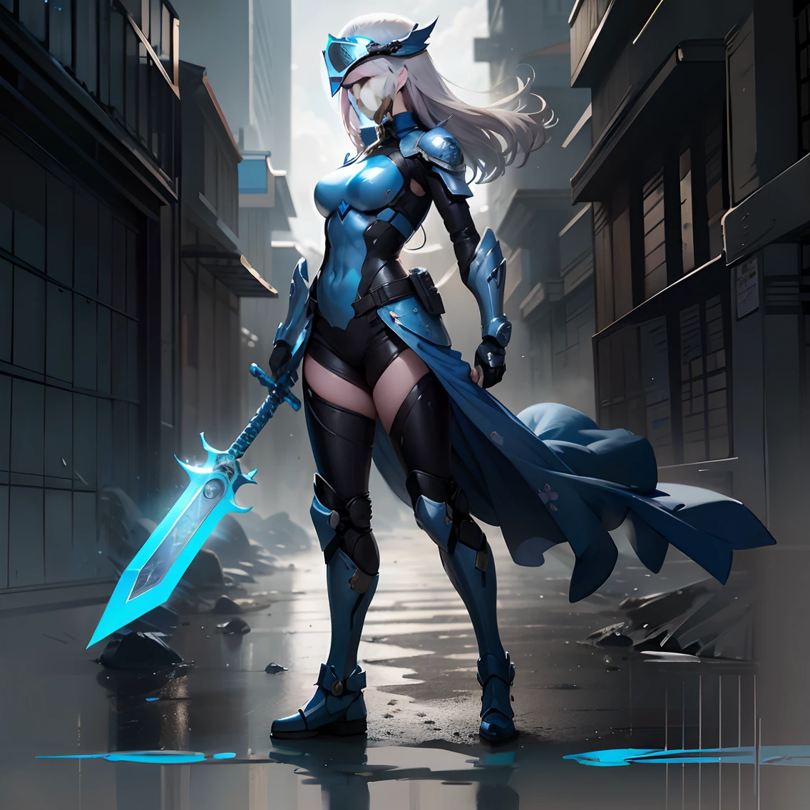 Full body character,Sanrio Style Female Warrior,half - body shot,WLOP style,Blue Opal Combat Suit, Blue Opal Combat Helmet、beautiful countenance、High quality2D anime、Holding a gray sword、 Concept art,Russian beauties,Beautiful skin、simple background,Insanely detailed, Wind-effect,Smooth,Side view,masutepiece,