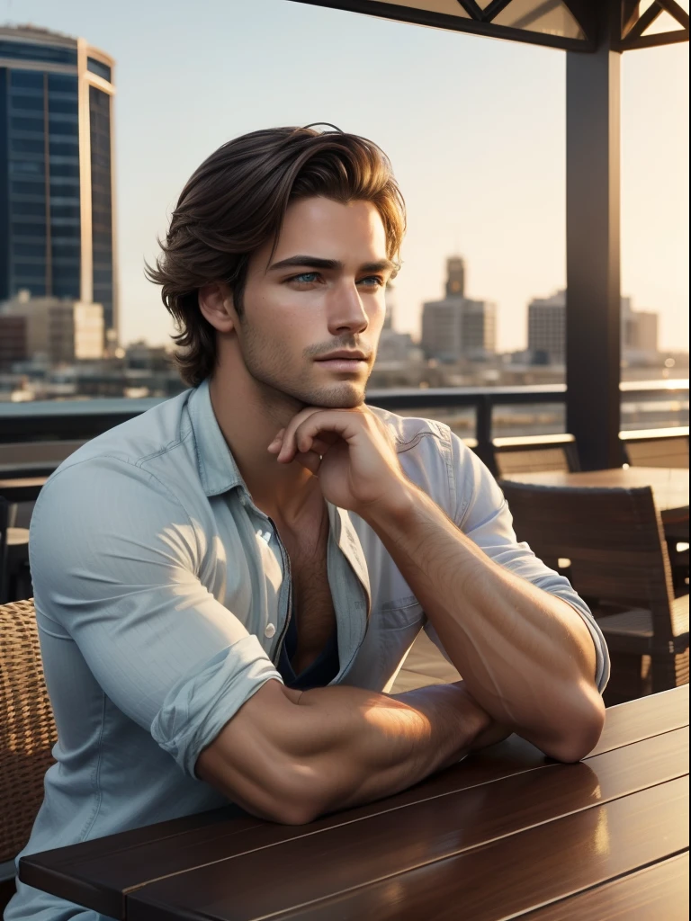 ( masterpiece) , realistic, portrait of a young Australian man, insanely handsome face, sunlight, cinematic light, messy windy hair, stunningly handsome man, beautiful eyes, perfect anatomy, very masculine , tanned golden skin, prince hazel eyes, ( enclosing the head in a frame) , stylized, 8 life - size, 8 K resolution, resting on the terrace of a cafe in trendy clothes, looking far away, human hands, strangely rich and masculine, full - body view, dynamic, very masculine, character sheets, concept art, smooth and distant view