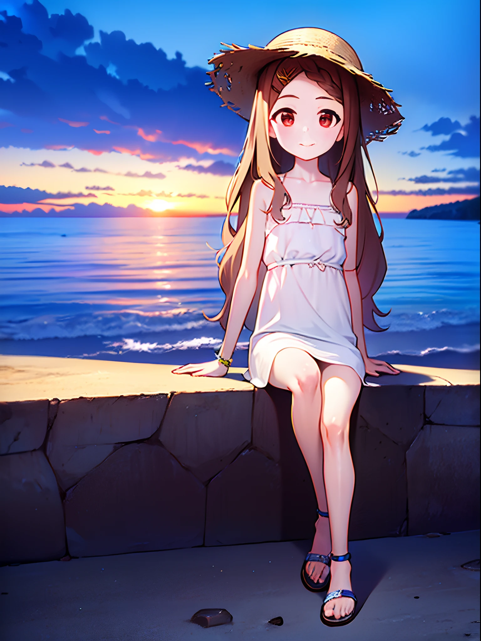 perfect anatomy,high detailed,official art,super detailed skin,super detailed eyes,8k,Raw,1girl,13yo,red eyes,loli,solo,(AobaKokona),(light brown hair),wavy hair,hairclip,straw hat,flat chest,slender body,smile,outdoor,screencap,beautiful background,summer,on the beach,(blue hour),blue tone,(evening),sunset,sitting,summer white dress,sandals,girl friend,looking at viewer,side viewer,date,depth of field