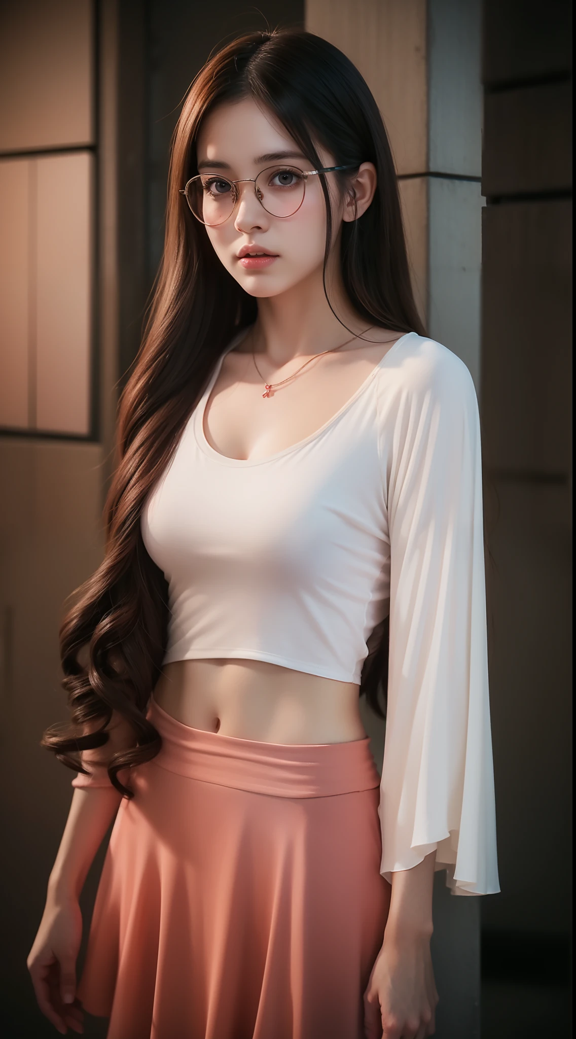 Beautiful young Margaret Qualley, The Last of Us, game, glasses, white shirt, tight shirt, wearing a nice top, large neckline, wearing simple tight clothes, leggings, hyperrealistic, , model's body, small breasts, beautiful breasts, long hair, layered hairstyle, blonde hair, long legs, 8k, in front of lake, cherry blossom, sunlight, led lighting, blood on wall, pool of blood, full of human remains, detailed reflection , anime style