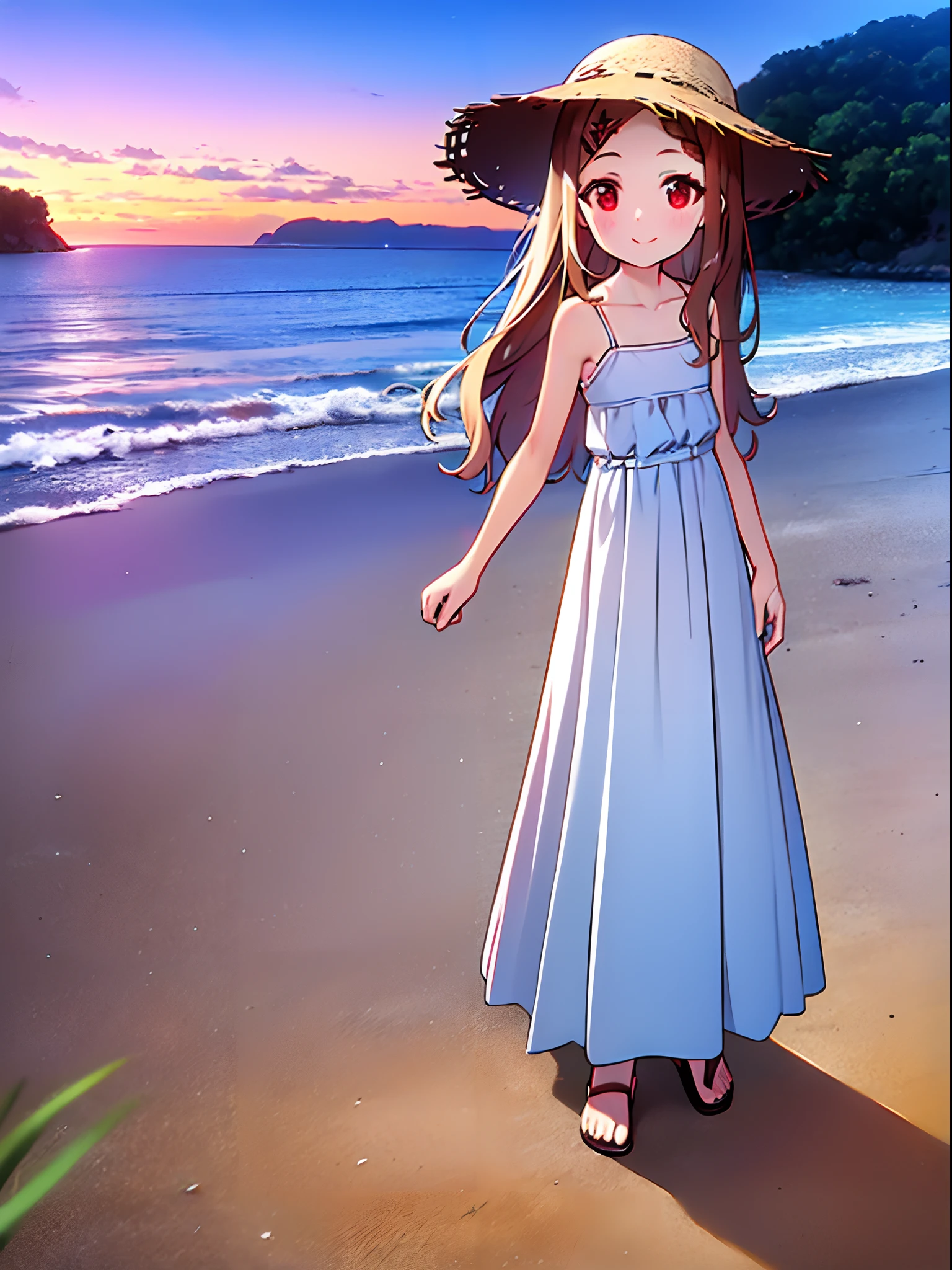 perfect anatomy,high detailed,official art,super detailed skin,super detailed eyes,8k,Raw,1girl,,red eyes,lolio,(AobaKokona),(light brown hair),wavy hair,hairclip,straw hat,flat chest,slender body,smile,outdoor,screencap,beautiful background,summer,on the beach,(blue hour),blue tone,(evening),sunset,sitting,summer white dress,sandals,girl friend,looking at viewer,side viewer,date,depth of field