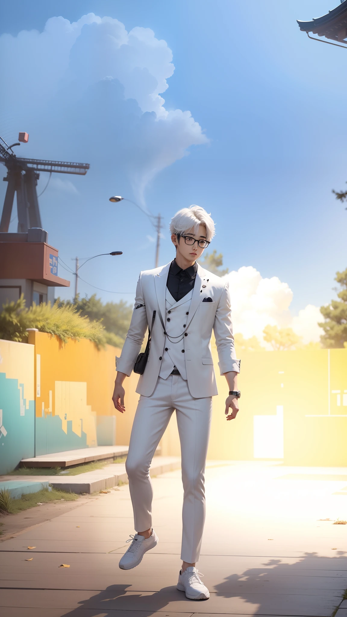 1boy, Anime, realistic, Korea, 8k ultra,wearing black round glasses, (photorealistic), white pants