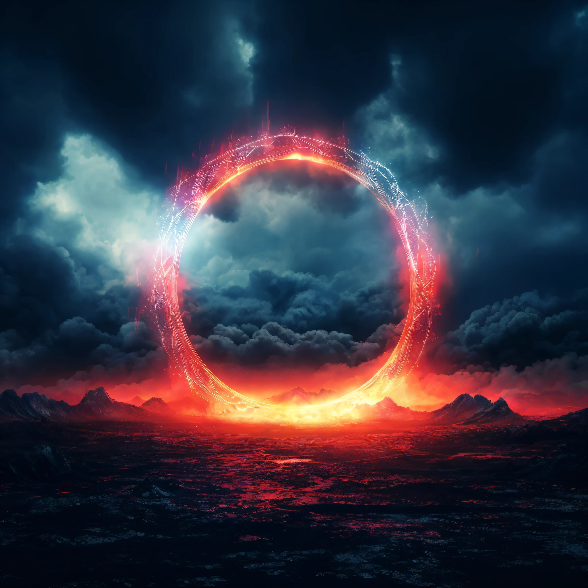 Close-up of a circle of fire in the sky, fractal burning halo, Ominous apocalyptic background, Ring of fire, glowing magma sphere, luminous fire halo, surreal nuclear eclipse blast, Magic portal in the sky, nuclear blast imminent, apocalyptic spherical explosion, portal to hell, a large sphere of red energy, Nuclear explosion background
