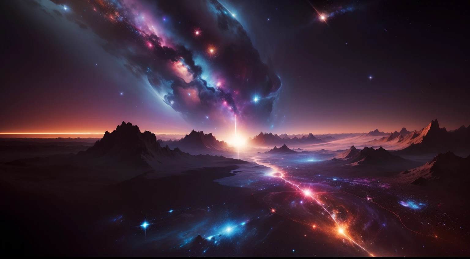 cosmic landscape, Hundreds of people seeing 2 galaxies in the sky merging, ultrarrealista, cosmic dust