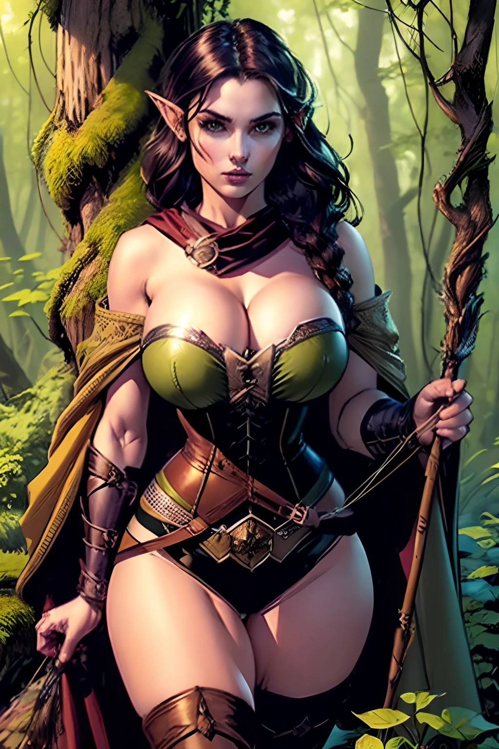(masterpiece, top quality, best quality, official art, beautiful and aesthetic:1.2), (1girl:1.3), dark brown hair in a single (braid), extremely detailed, portrait, looking at viewer, solo, (full body:0.6), detailed background, close up, cat eyes, (warm summer forest theme:1.1), (elf) ranger, charlatan, smirk, mysterious, walking in forest, revealing ranger attire, cowl, cloak, corset, long boots, buckles, straps, pouches, bow and arrow, green fabric, brown leather, (((gigantic breasts, cleavage, skindentation))), slim waist, slim hips, long legs, medieval (forest exterior:1.1) background, dark mysterious lighting, shadows, magical atmosphere, dutch angle