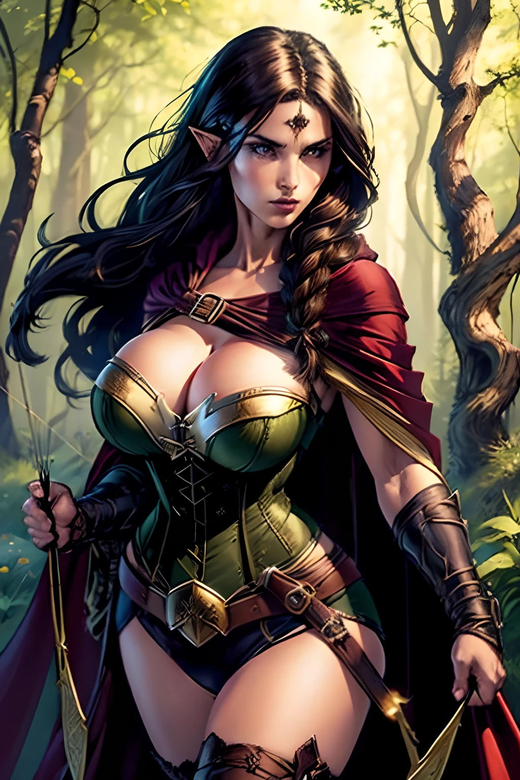 (masterpiece, top quality, best quality, official art, beautiful and aesthetic:1.2), (1girl:1.3), dark brown hair in a single (braid), extremely detailed, portrait, looking at viewer, solo, (full body:0.6), detailed background, close up, cat eyes, (warm summer forest theme:1.1), (elf) ranger, charlatan, smirk, mysterious, walking in forest, revealing ranger attire, cowl, cloak, corset, long boots, buckles, straps, pouches, bow and arrow, green fabric, brown leather, (((gigantic breasts, cleavage, skindentation))), slim waist, slim hips, long legs, medieval (forest exterior:1.1) background, dark mysterious lighting, shadows, magical atmosphere, dutch angle