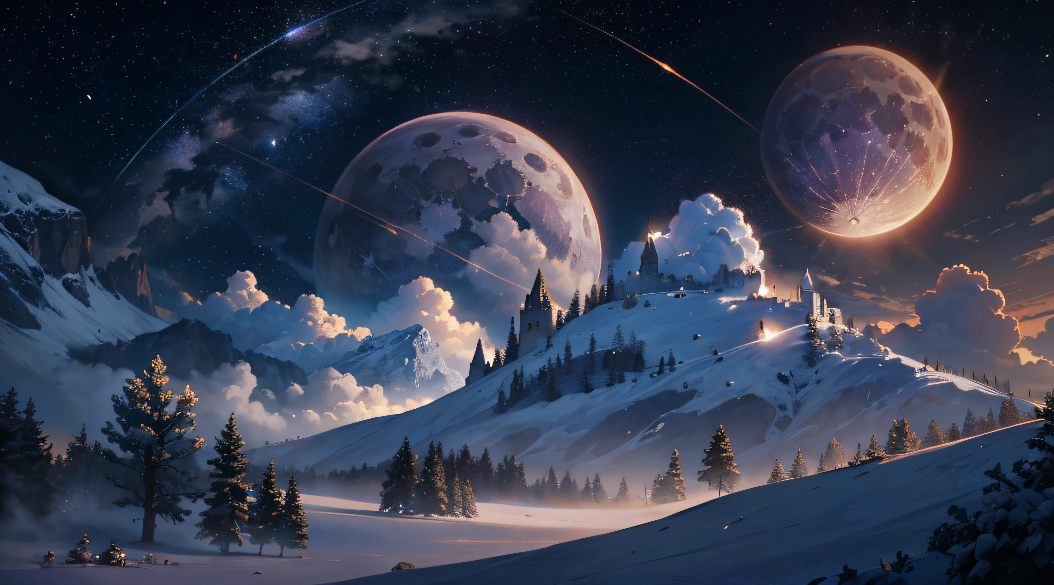 Expansive landscape photograph,(moon full:1.2),(meteors:0.9),(Starcloud:1.3),(Warm light source:1.2),(glowworm:1.2),lamp lights,Lots of purple and orange,Complicated details,Volumetriclighting,Realism BREAK(tmasterpiece:1.2),(best qualtiy),8K,Ultra-detailed,(dynamic compositions:1.4),The is very detailed,Colorful details,(Irridescent color:1.2),(luminouslighting,Atmospheric lighting),dream magical,magical,(独奏:1.2),((best qualtiy)), ((tmasterpiece)), (the detail:1.4),depth of fields,maximum definition and sharpness,perfectly proportions,Fluttering clouds,Wallpapers