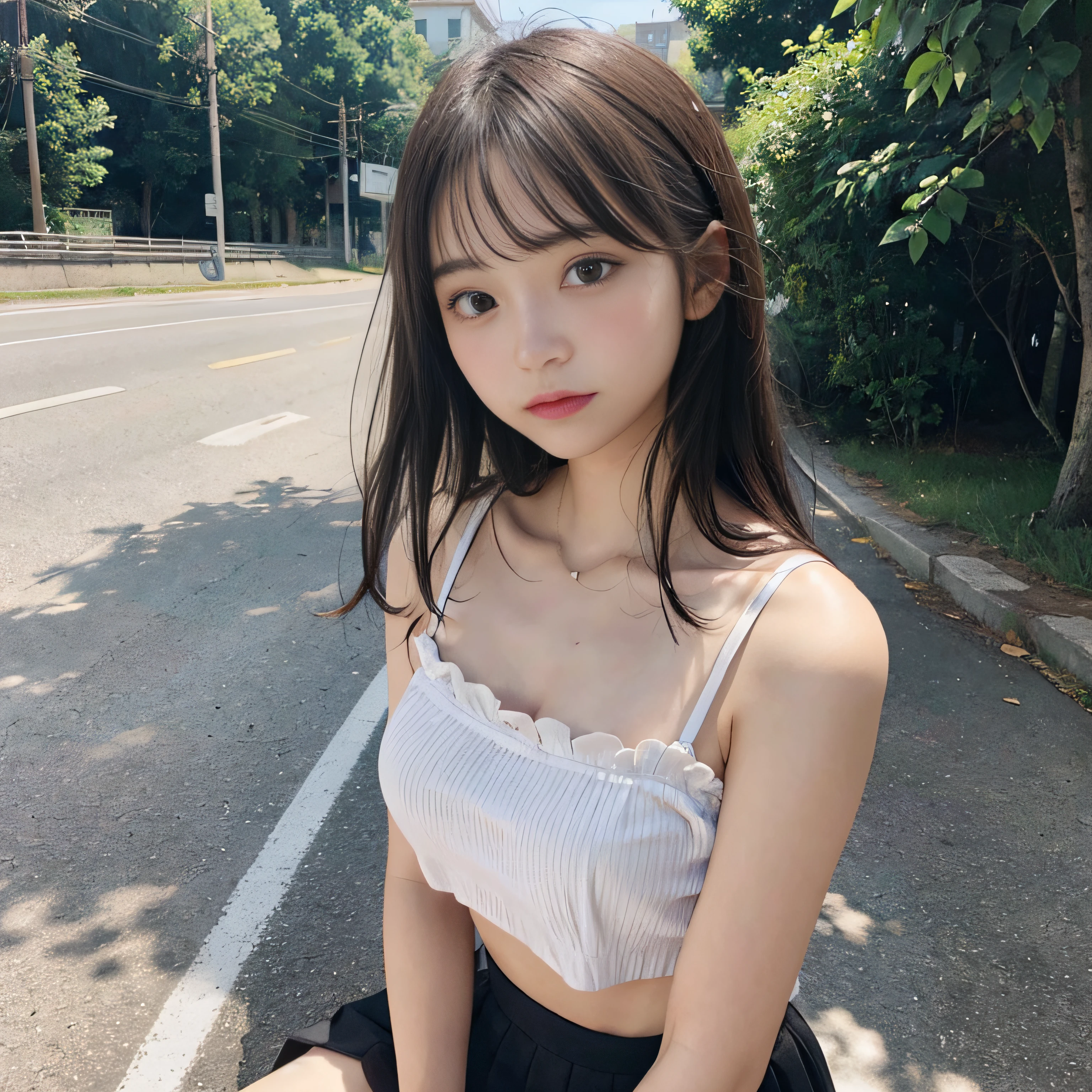 teens girl、Camisole 1、onepiece、a miniskirt、Medium hair、country road、sightseeing、Sheer sunlight、夏天、Shade