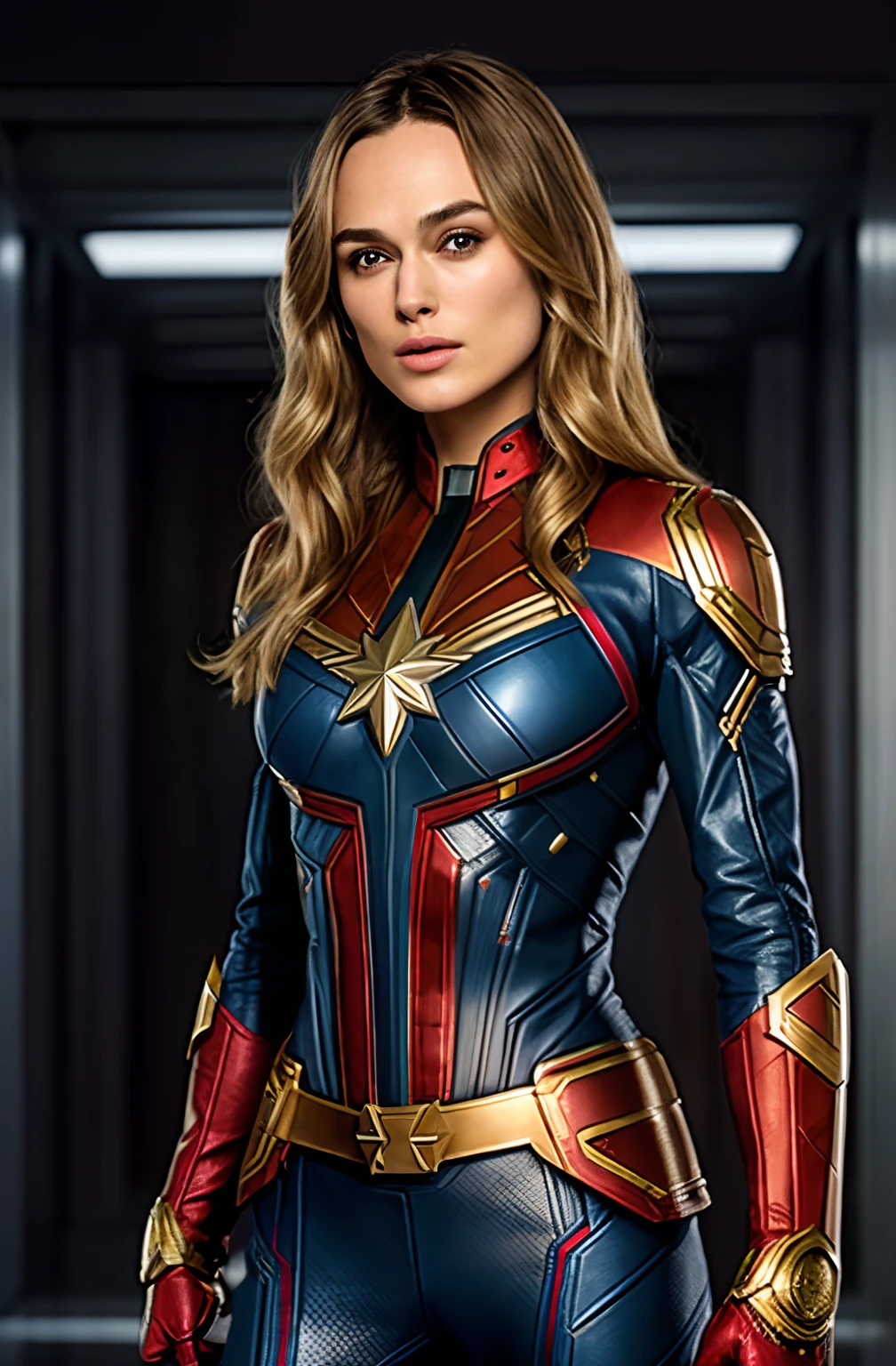 Best quality, highly detailed, High eyes clarity,Face of keira knightley, Keira Knightley as captain mervel, blonde hair, medium hair, full body portrait, wearing captain marvel outfit, sexy, cleavage, breasts showing