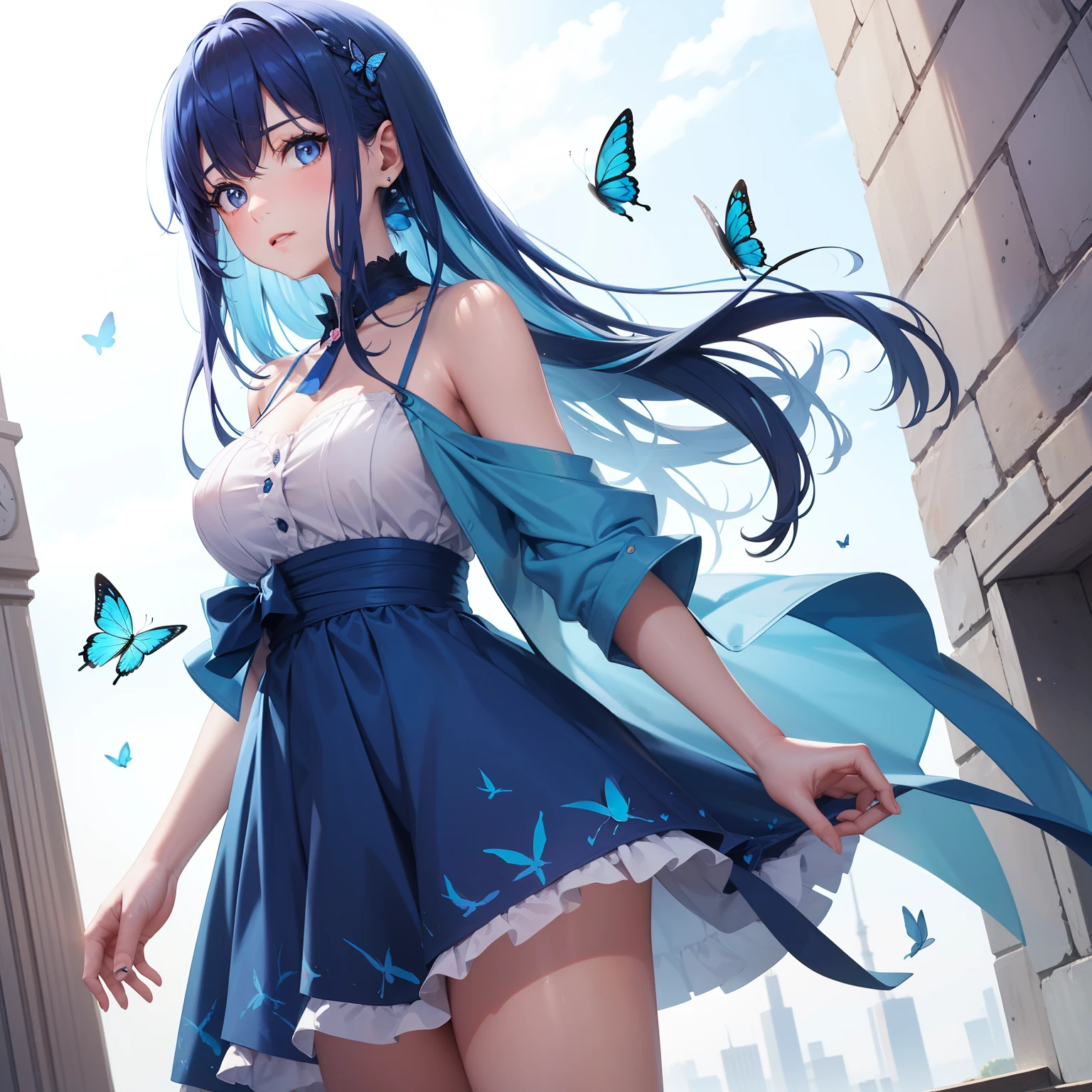 a women, blue butterfly, blue hair, pink eyes, blue dress