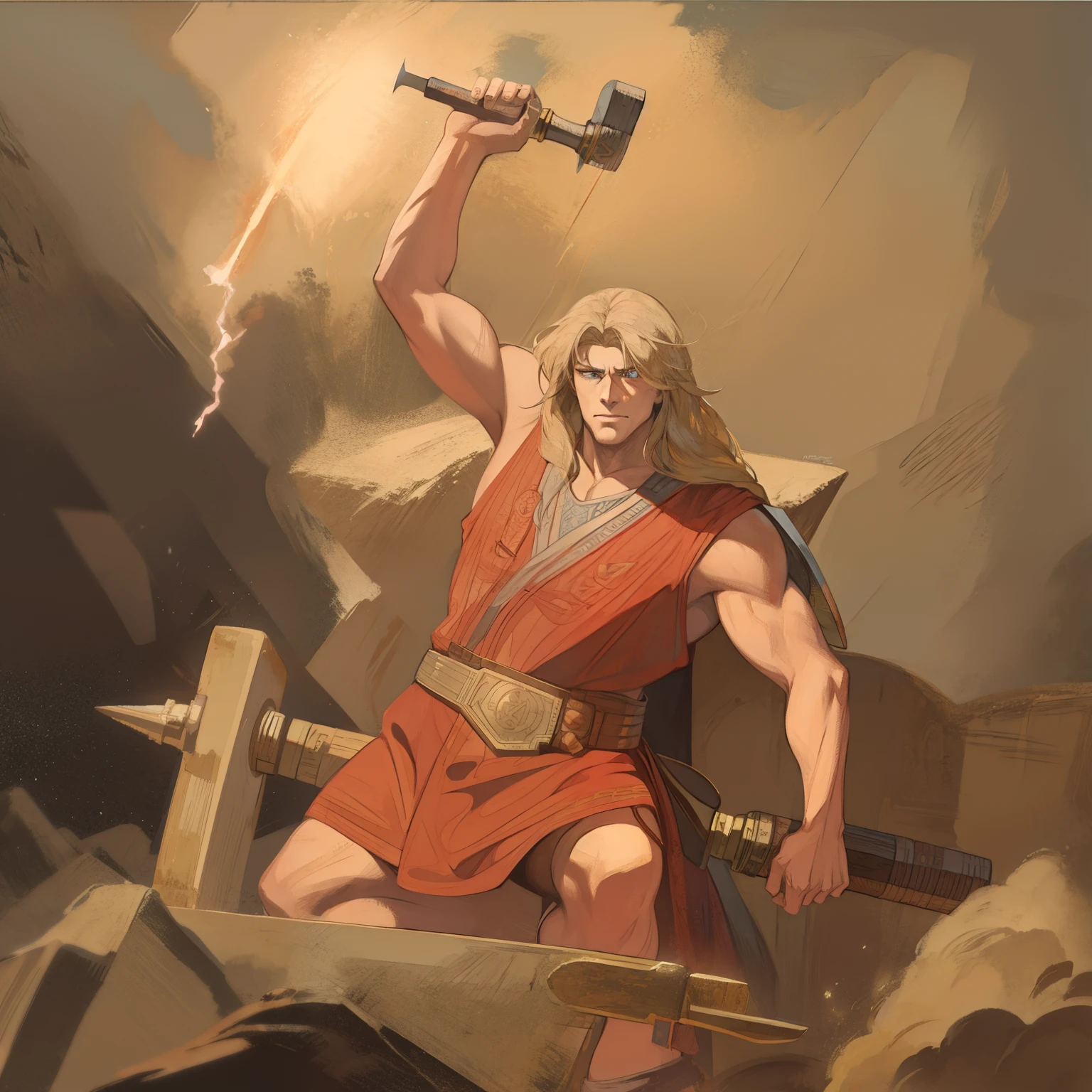 Thor, holding a hammer, electric powers