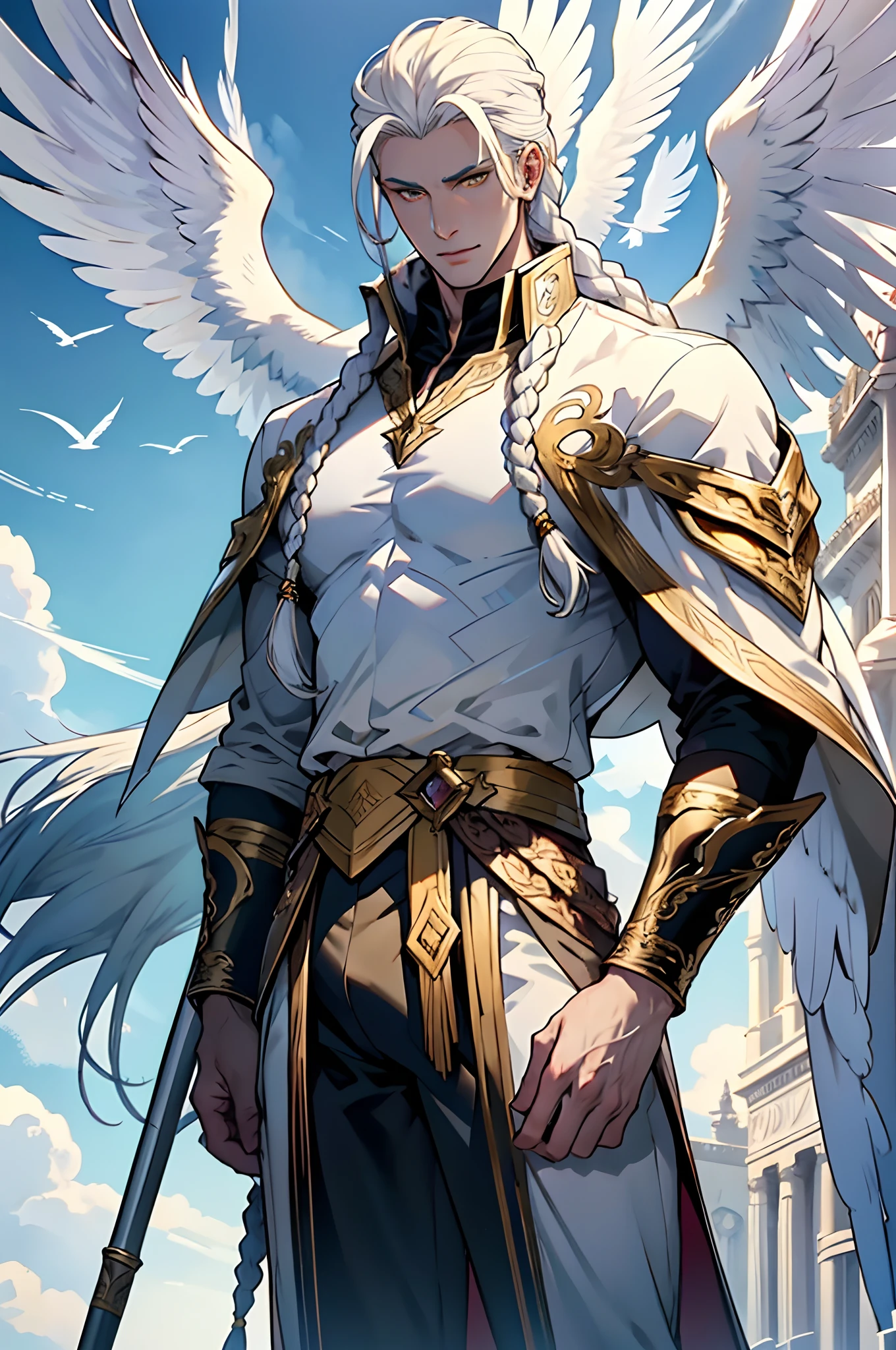 Caius is a handsome male, stands at 7ft tall. He has an athletic body structure. He wears royal attire thats silver and gold. He has beautiful long white silky hair and a golden eye color. He is seen with a staff. He has huge white wings. A big bulge in his pants. White Phoenix human form. His hair is braided back