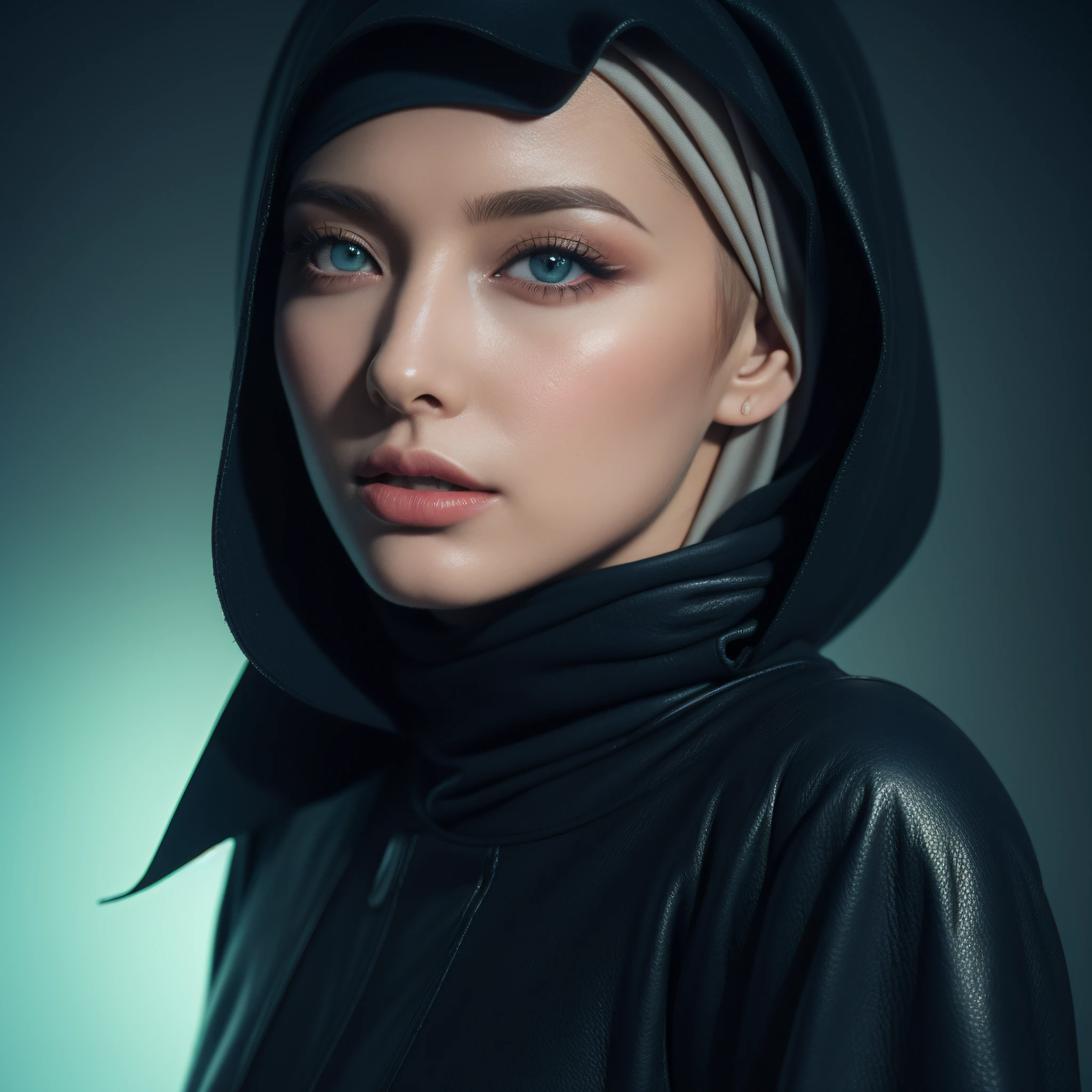 (Blue and Magenta), (Neon Cyberpunk Hijab: 1.5),(RAW Photos: 1.2), (Perfect Eyes: 1.5)), (Photorealistic: 1.4), (Masterpieces: 1.3), (Best Quality: 1.4), Dreamy, (Detailed Eyes), (Detailed Facial Features), ( (8k:1.27), best quality, masterpiece, Hijab hair, ultra highres:1.2) Photo of Pretty woman (beautiful:1.1) (sci-fi woman:1.1), (Hijab cloak: 1.61) (Hijab leather Coat:1.21) intricate elegant, fantasy, detailed, ometric by greg rutkowski and alphonse mucha, gradient lighting