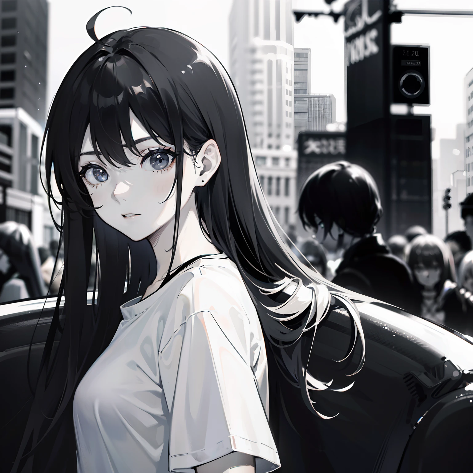 girl, side portrait, black and white,edgy accessories,sporty style, casual t-shirt, confident gaze, monochrome color scheme, looking to the side, chic street fashion, casual hands in pockets pose,head,Long Hair