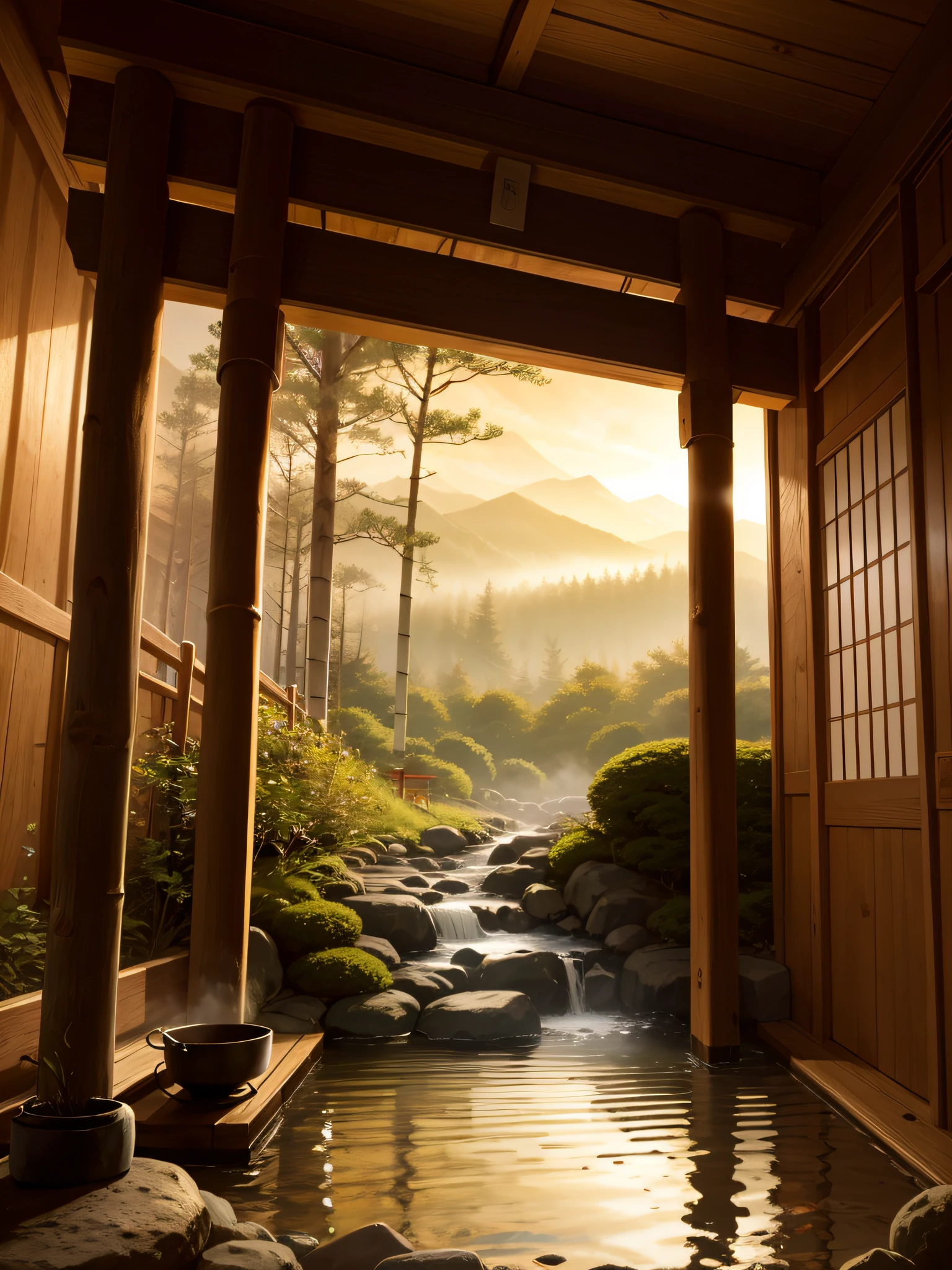 "((masterpiece)), landscape, japan traditional hot onsen, dawn, dim light, detail, realistic, hot steam, torii, wooden bucket, forest, bamboo,".