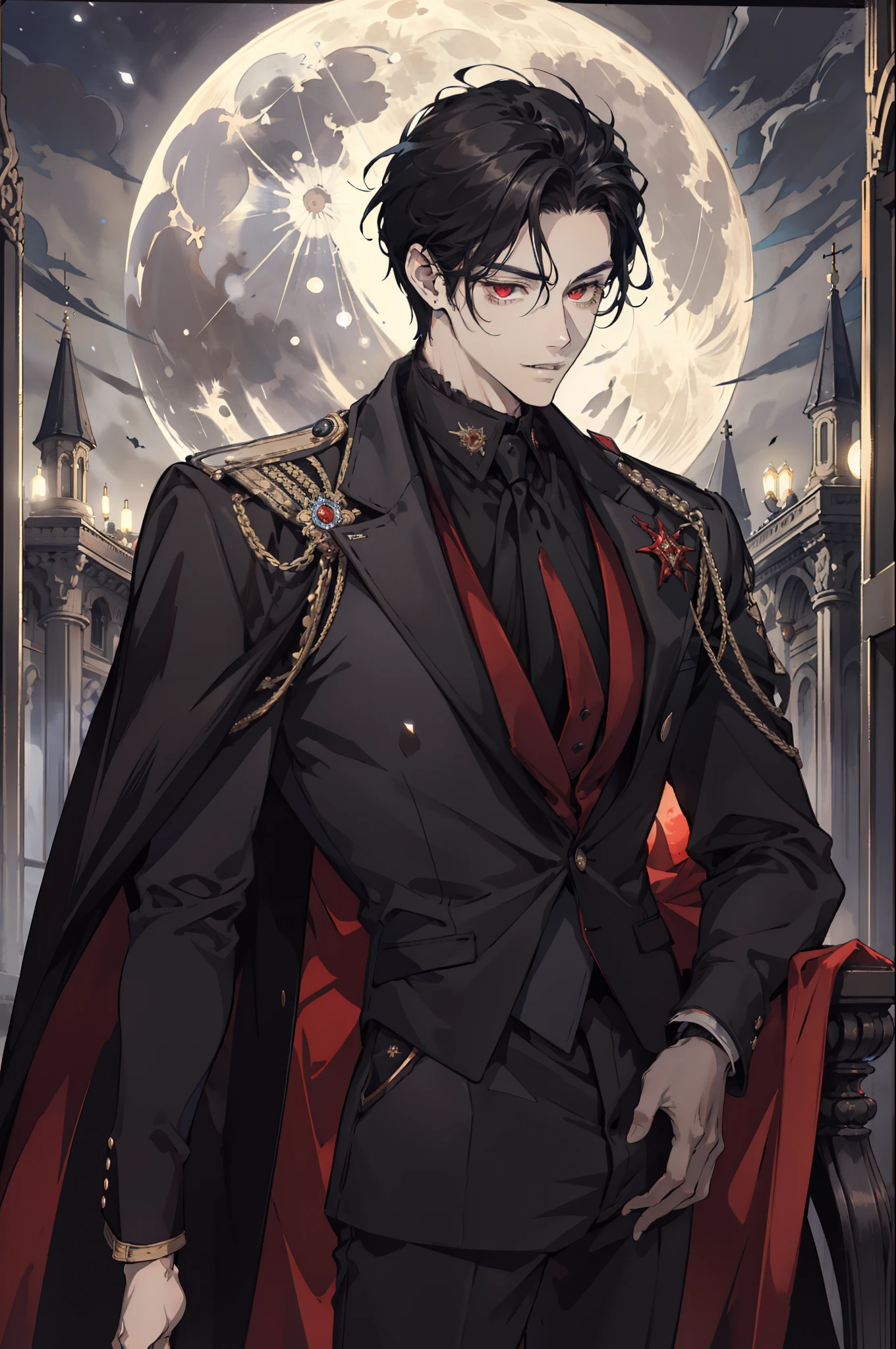 (absurdres, highres, ultra detailed), 1 male, adult, male focus, handsome, handsome, tall muscular guy, broad shoulders, finely detailed eyes and detailed face, short black hair, red eyes, handsome, black suit, fantasy, uniform, royal, behind him is a full moon, This is what a real Vampire looks like! Antique vampire clothes, elegant, gentlemanly. He is smiling friendly, In the background a brown church window, with moonlight reflecting behind. All this is in a beautiful and dark light, which makes it look amazing. 4k wallpaper (High quality: 1.2, Church at night: 1.5, Antique Vampire Clothing: 1.4) (((At night))) (Provocative light, mysterious darkness) (((Full Moon))) Defined Face) Perfect Hands)Fantastic light and shadow, Scenery, portrait