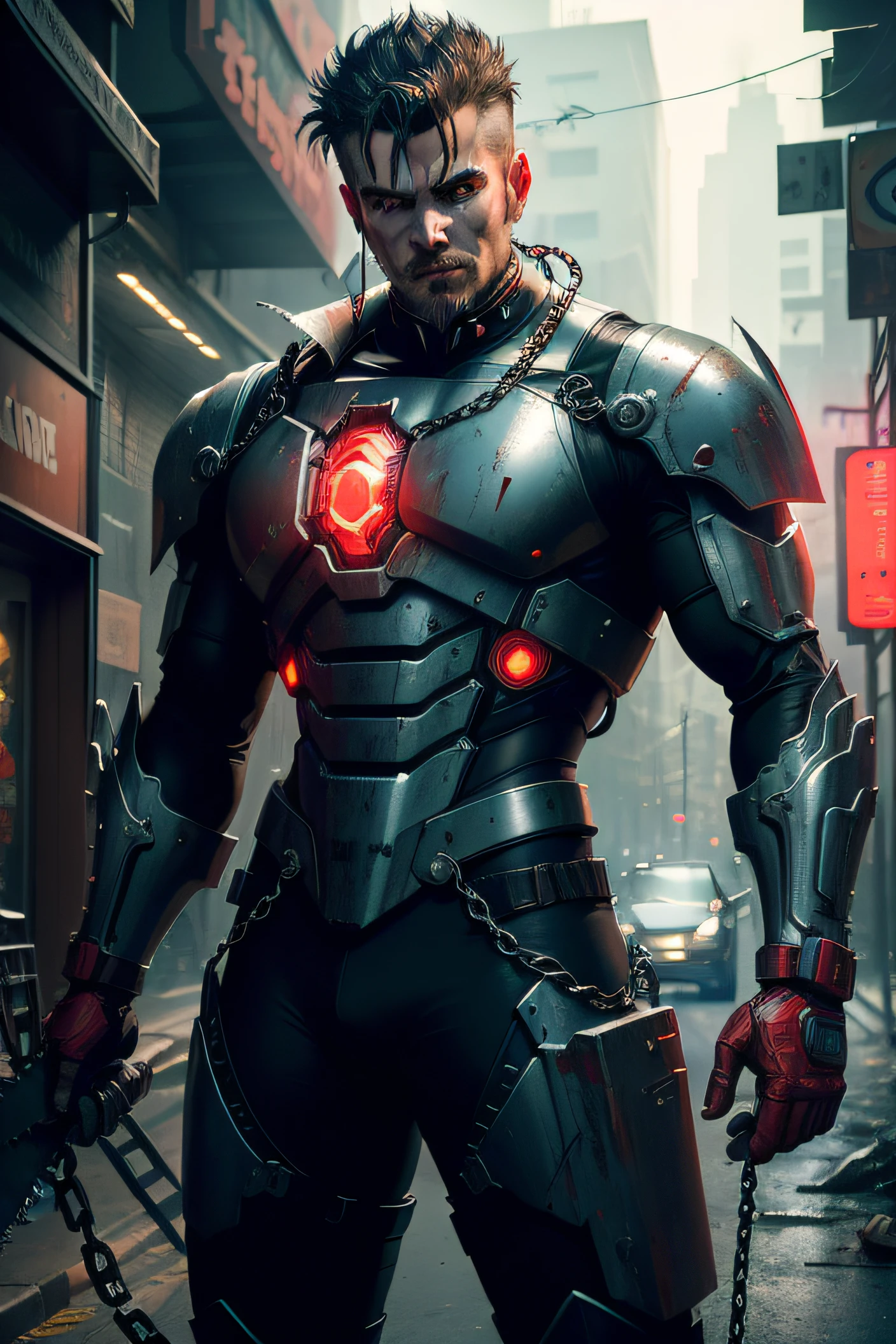 Dark_Fantasy,Cyberpunk,(chain saw,chain saw man,Red:1.1),1man,Mechanical marvel,Robotic presence,Cybernetic guardian, wearing a worn-out mech suit, intricate, (steel metal [rusty]), elegant, clear focus, shot by greg rutkowski, soft lighting, vibrant colors, masterpiece, ((street)), cowboy shot, dynamic pose,