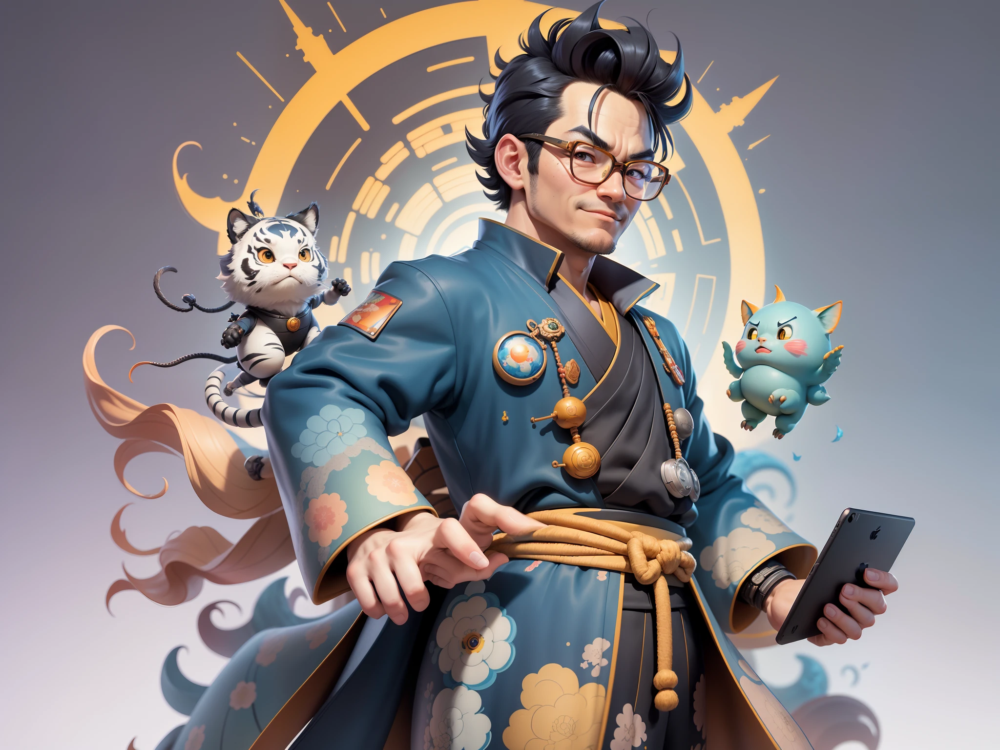 (Masterpiece), (Excellent), (Super Meticulous), (Full Body: 1.2), Super Young Man, Oriental Face, Japanese Kimono, Japanese Wind Thunder God, Dragon, Tiger, TV Anchor, Bust Portrait Illustration, Alone, Black Suit, Blue Tie, Slightly Chubby Face, Very Clean Face, No Beard, Black Super Short Hair, Black Eyes, Confident Smile, 3c Computer Sub-Products, iPad, iPhone, Digital Painting, 3D Character Design by Akira Toriyama and Mark Claireden and Pixar and Hayao Miyazaki, The illustration is a high-definition illustration in 4K resolution with very detailed facial features and cartoon-style visuals.