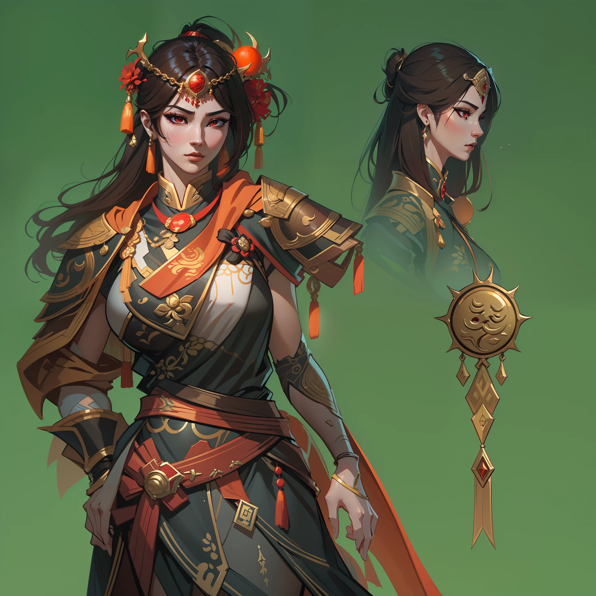a close up of a strong amazon woman in her 30's, with red eyes and brown hair, wearing a black and red belly dancer attire, a heroine with red eyes, female mage with sun power, standing in a middle-eastern temple, new costume concept design, in the style of blade and soul, full body character concept, detailed character design, inspired by Yang Jin, inspired by Li Mei-Shu, chinese costume, inspired by Lan Ying, inspired by Sim Sa-Jeong, inspired by Li Tang, lunar themed attire, costume with orange accents, inspired by Ju Lian, colored concept art, highly detailed character design, highly detailed face, inspired by Ai Xuan, very highly detailed face, unreal engine render, final fantasy 14 style, inspired by Leng Mei