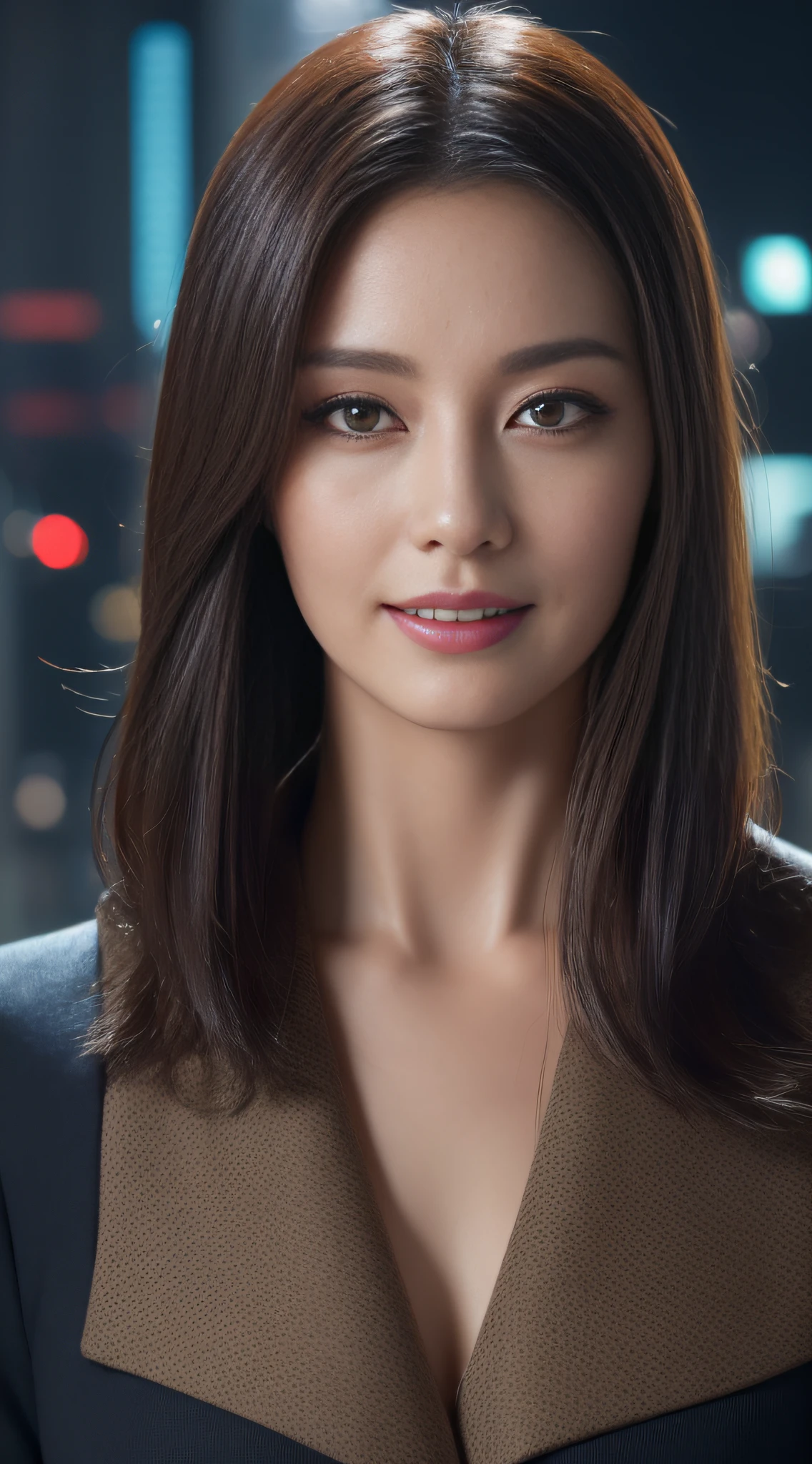 ((top-quality、8K、masterpiece:1.3))、sharp:1.2、Perfect Body Beauty:1.4、Slim abs:1.2、Big、Beautiful face、A smile、((businesswoman:1.3))、(Cyberpunk Background:1.2)、Straight hair、Highly detailed facial and skin texture、A detailed eye、Aspect of looking at the camera