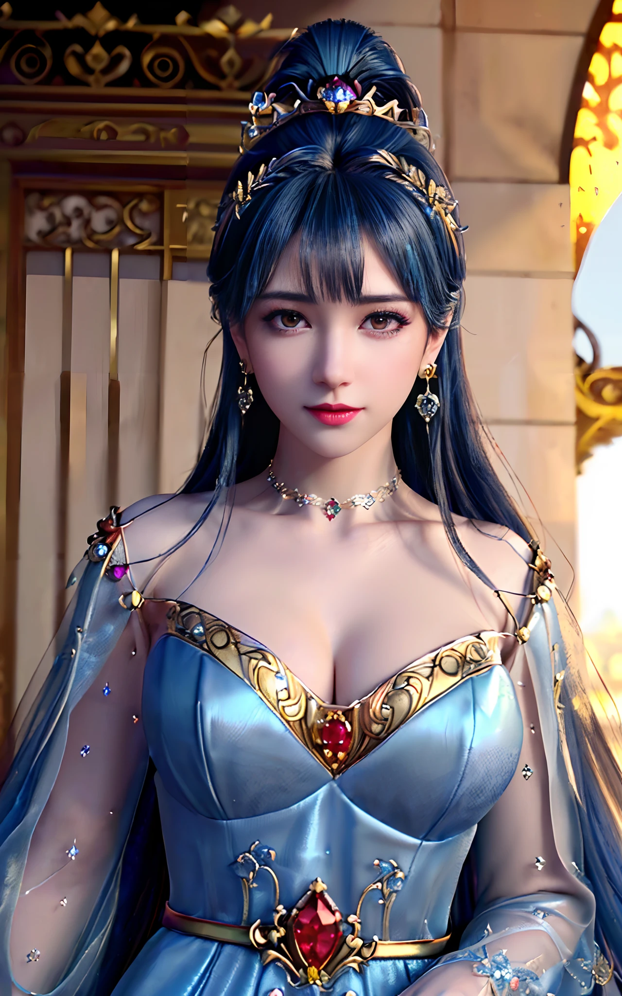 ((realisticity: 1.2)), ((best resolution: 8K UHD)), best quality,masterpiece,highres,cg,
((1 super detailed and super realistic girl)), ((very beautiful queen dazzling, super realistic, and super detailed)),((white skin, beautiful, smooth, youthful, super realistic and super detailed
)), long hair, ((super realistic and super detailed dress)), solo, ((super realistic, super beautiful, gorgeous and super detailed jewelry)), ((super beautiful, super realistic and super detailed dark red and golden yellow dress)),
((super beautiful, super realistic, super detailed diamond filled earrings)),
((super beautiful, super realistic and super detailed diamond filled hair ornament)), ((super beautiful upper body, super beautiful, super realistic and super detailed)), ((big breasts: 2.5)),
((super grand, super realistic and super detailed royal palace backgroun))
((super beautiful, super beautiful, super realistic and super detailed hair bun)), ((super beautiful, super realistic and super detailed blue hair)),
candid, Photograph, high resolution, 8k,Bokeh,