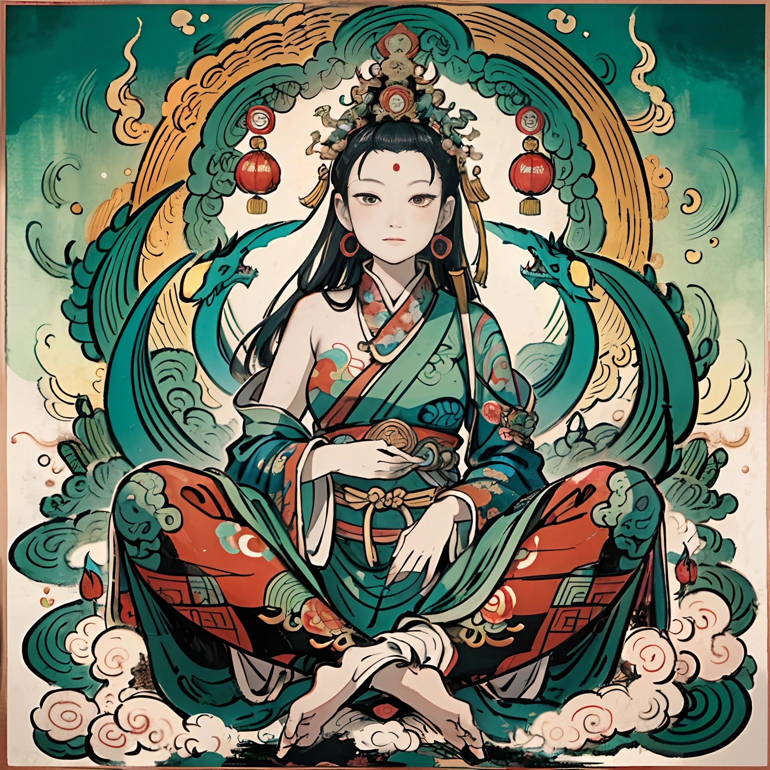 an ancient Chinese goddess, guanyin of the southern seas, Guanyin, Inspired by India, Avalokiteshvara rides a dragon，,Serene expression,shui mo hua,Buddha,Buddhist,Lotus,Chinese painting style,Thangka style