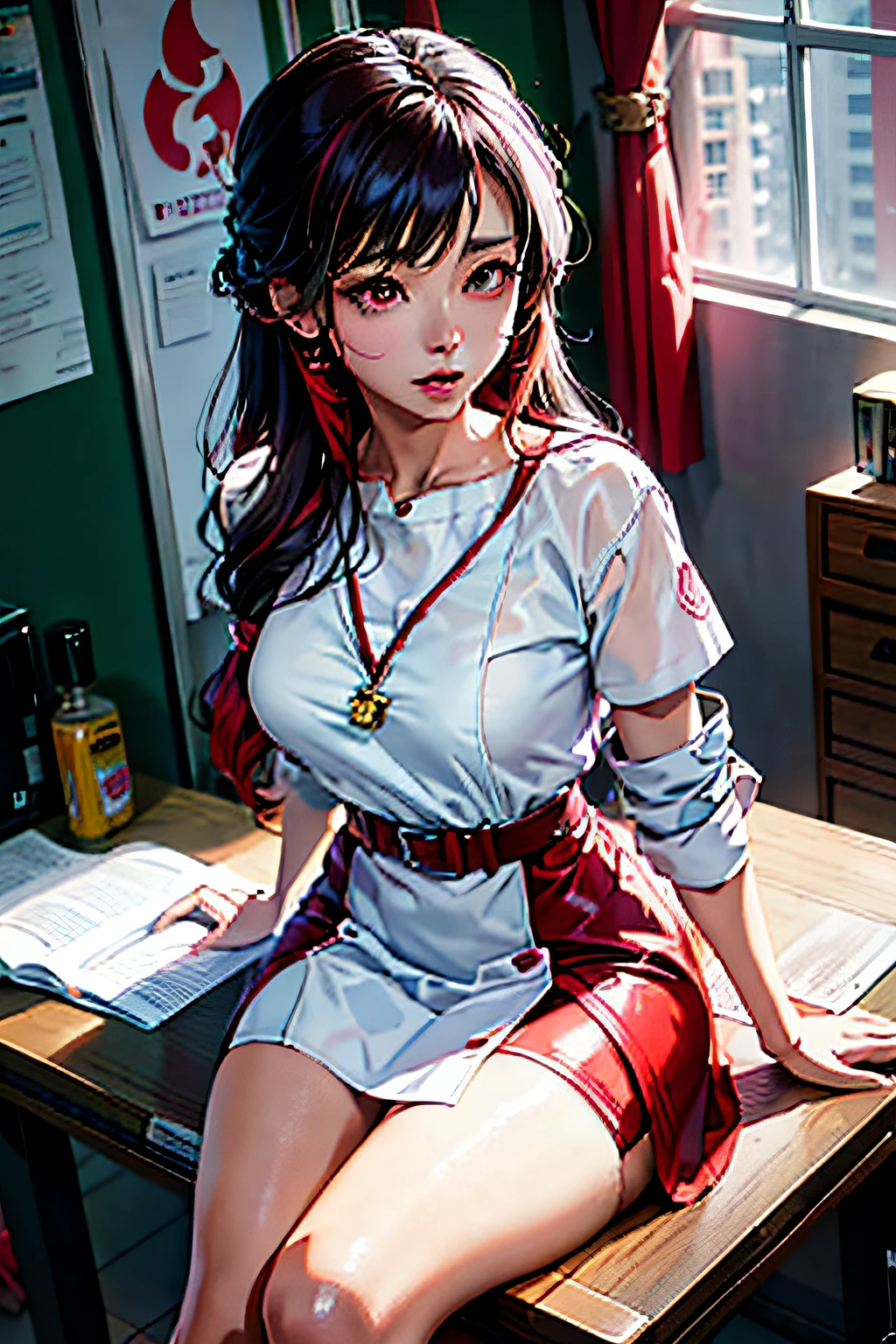 Arakfi Asian woman sitting at the table,Wearing a white shirt and maroon skirt, Anime girl cosplay, seductive anime girls, Anime girl in real life, attractive anime girls, Surrealism female students, nurse girl, trending on cgstation, trending at cgstation, sakimichan, Surrealism female students, Anime cosplay, IG model | Art germ