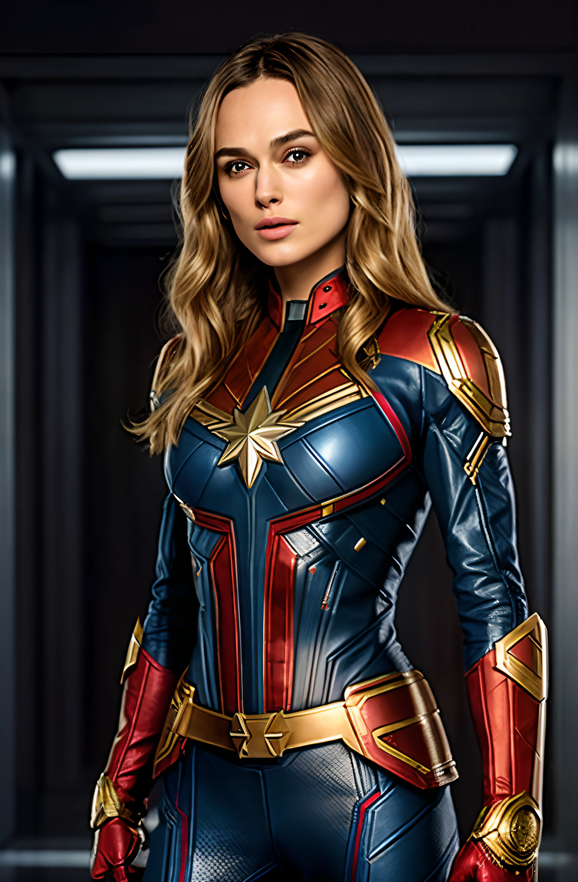 Best quality, highly detailed, High eyes clarity,Face of keira knightley, Keira Knightley as captain mervel, blonde hair, medium hair, full body portrait, wearing captain marvel outfit, y, clereasts sho