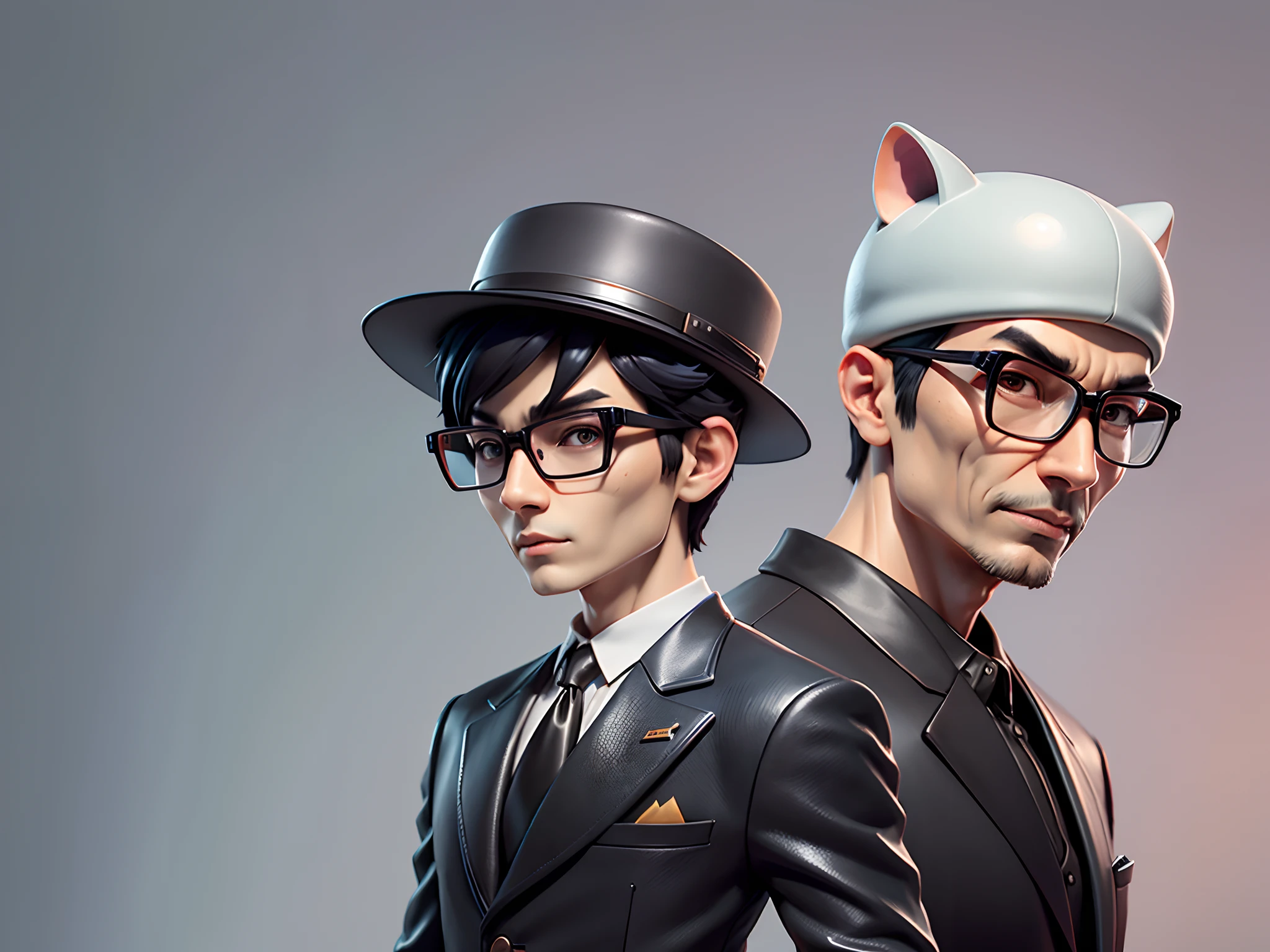 Young man with oriental face in leather hat, tiger, oriental face in formal suit, short black hair, silver glasses, digital painting, 3D character design by Mark Clairedon and Pixar and Hayao Miyazaki and Akira Toriyama, the illustration is a high-definition illustration in 4K resolution with very detailed facial features and cartoon-style visuals.