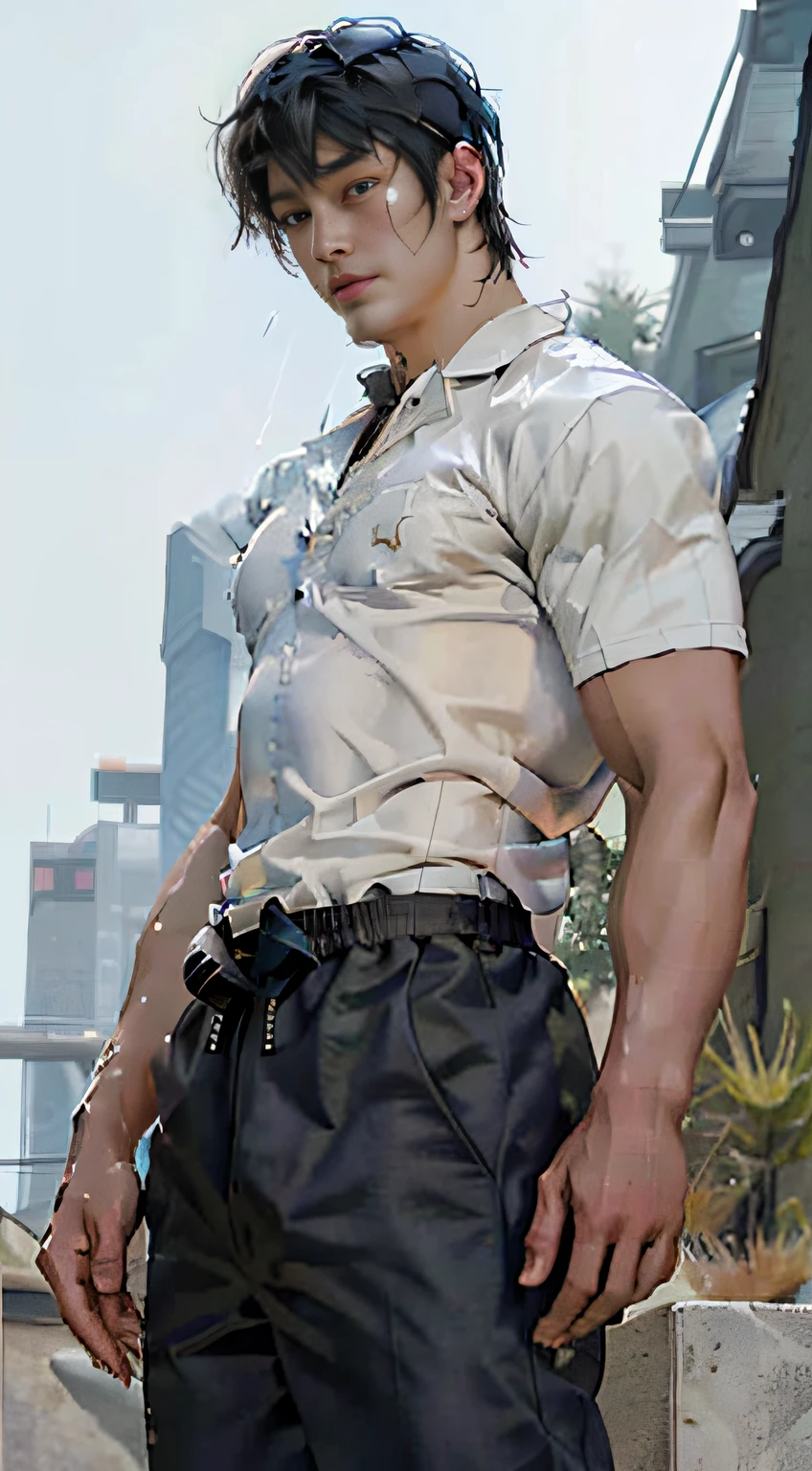 An Asian man, a 21-year-old Chinese man, muscular, panorama, muscular chest, muscular limbs, obvious muscle lines, delicate facial features, perfect body proportions, swimming trunks, (High Detail Skin: 1.2), Masterpiece, Best Quality, High Resolution, Realistic Masterpiece, Best Quality, High Resolution, Realism, Gay Young Naked Boy of Medium Length, Tired and Handsome Facial Features, Rainy Weather, Soaked Skin, Enchanting, Tight Waist, Buttocks, Bare, Big Pectoral Muscles, Wheat-colored Skin, Super Detail, Extreme Detail, Best Detail, Power Quality